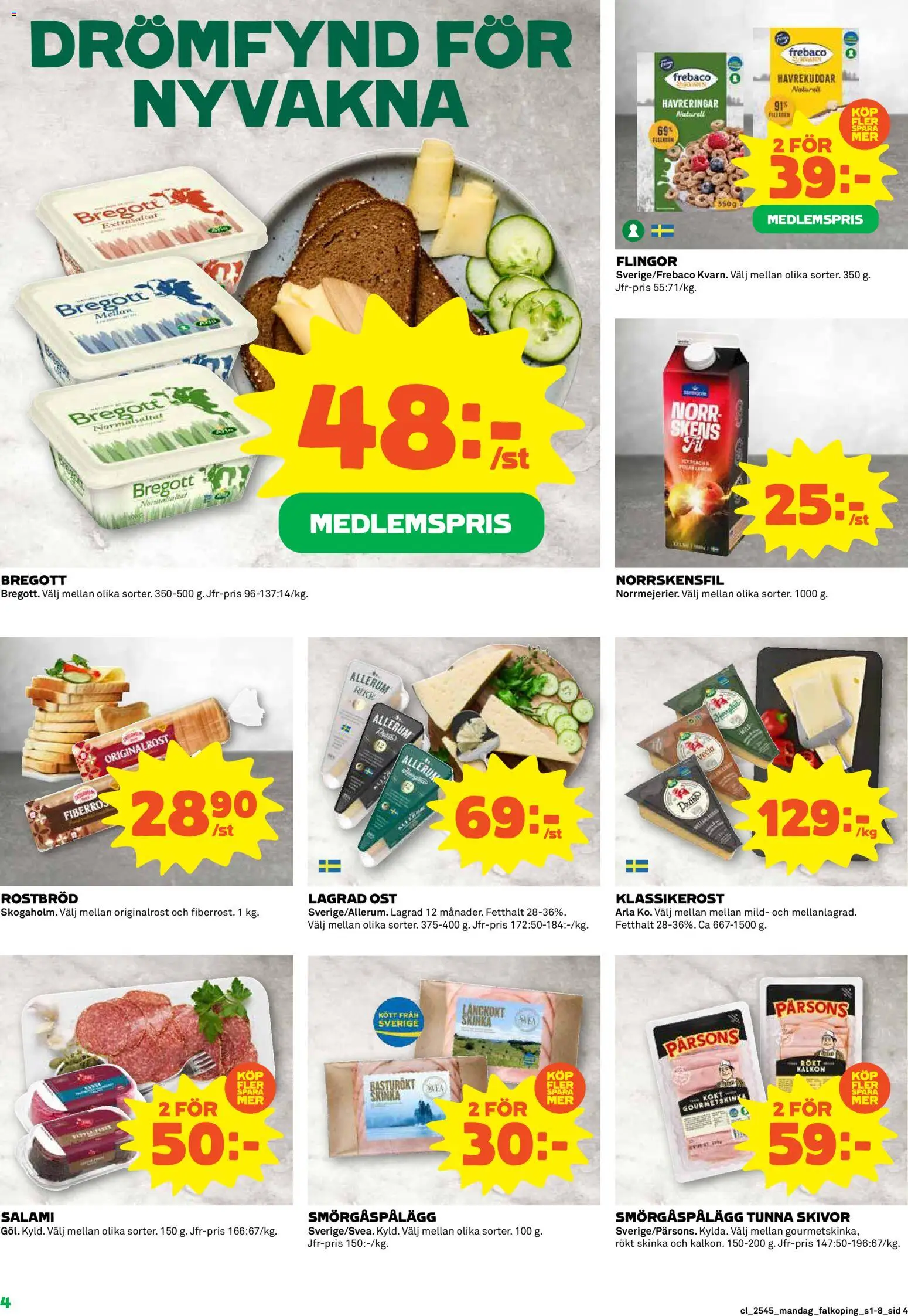 Coop reklamblad aktuell från 03.11.2025 | Sida: 4 | Produkter: Rostbröd, Bregott, Salami, Skinka