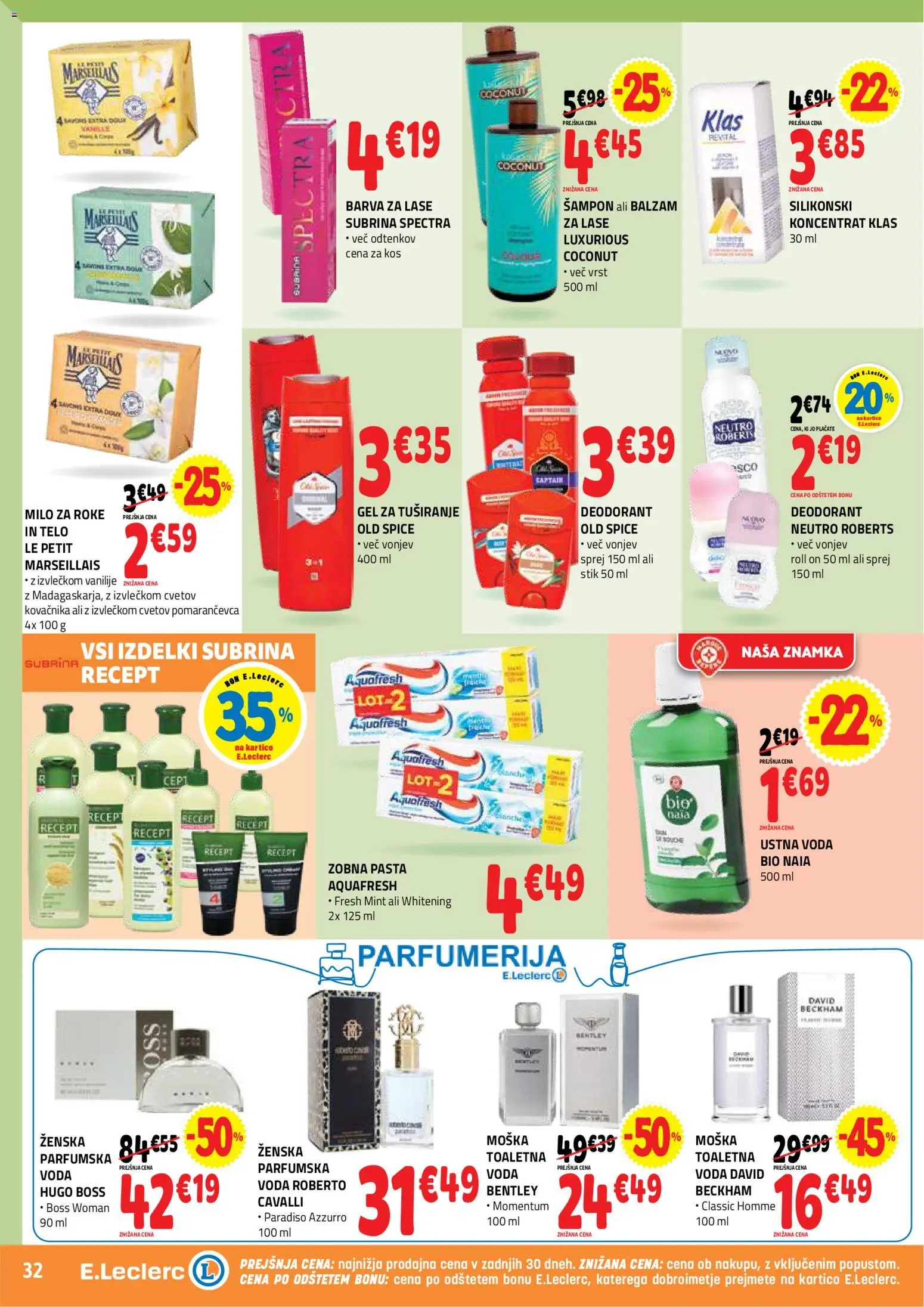 Novi E.leclerc katalog ponudbe – veljaven od 29.04.2026 | Stran: 32 | Izdelki: Milo, Gel za tusiranje, Barva, Voda