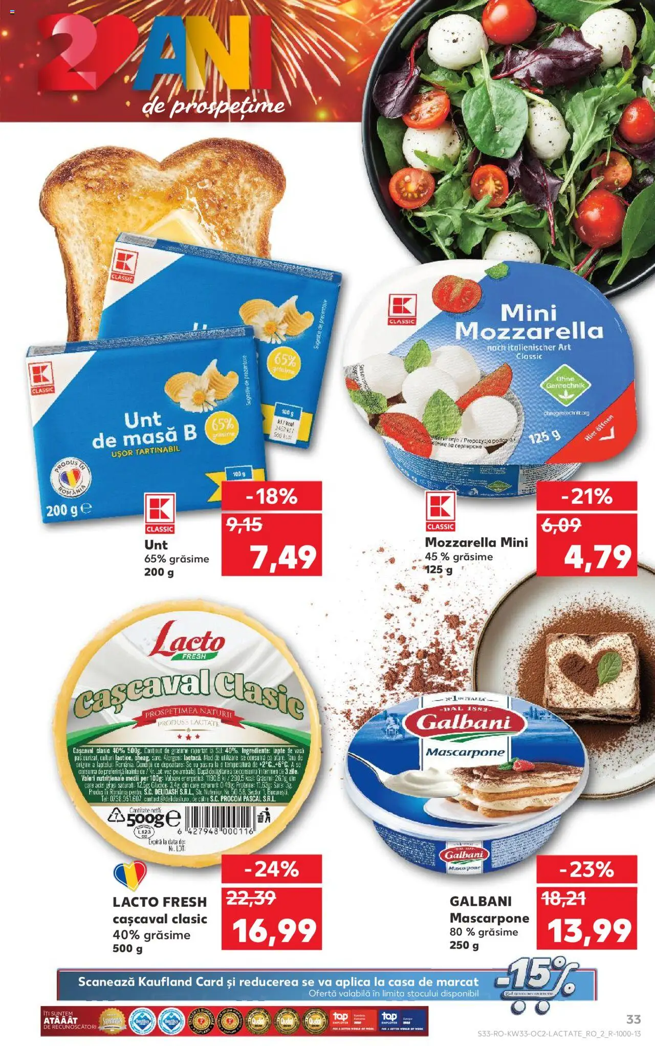 Kaufland RO akciós ujság - amely érvényes a következő dátumtól: 13.08.2025 | Oldal: 33 | Termékek: Mozzarella, Mascarpone