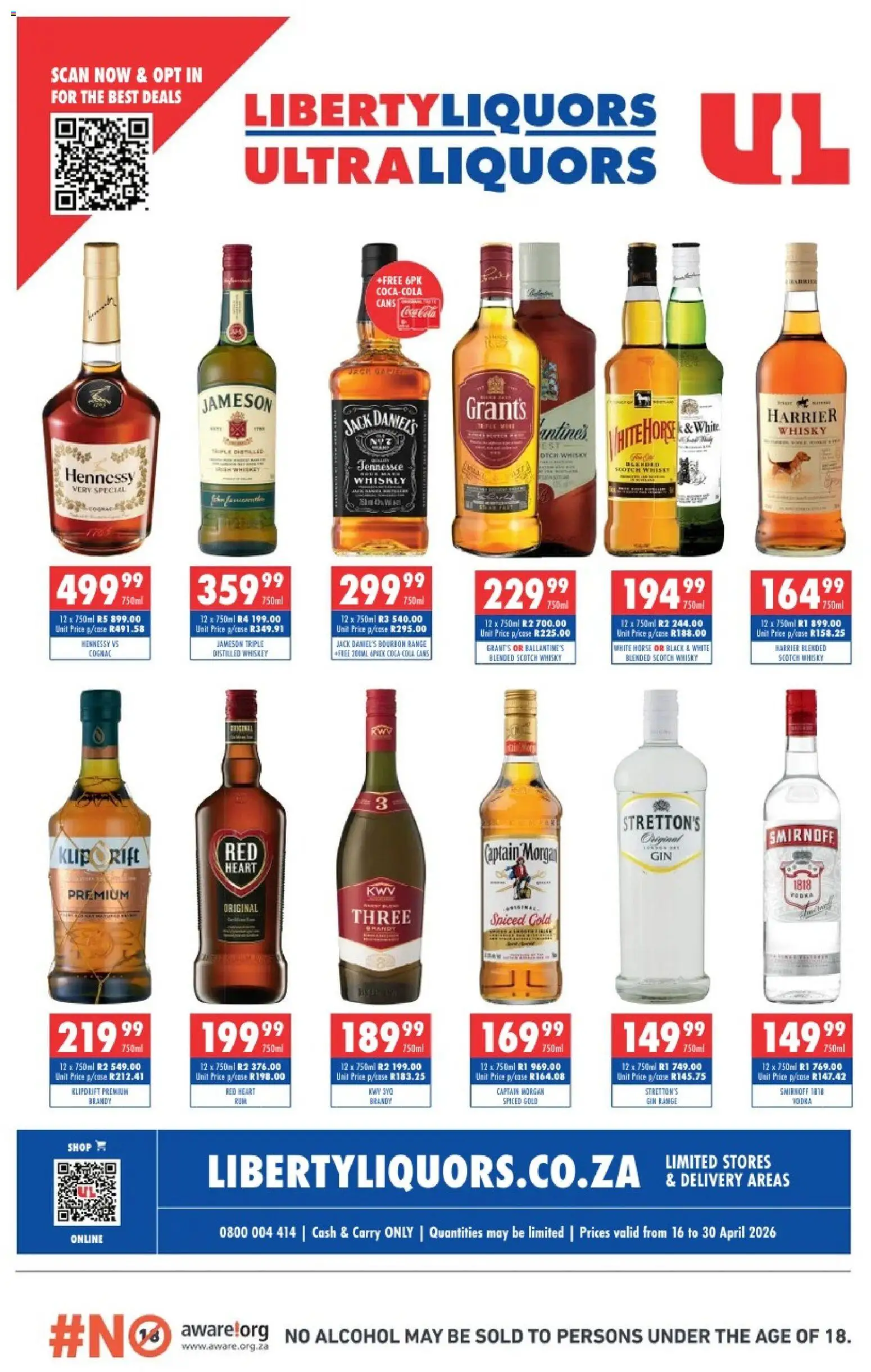 New Ultra Liquors catalogue – valid from 16.04.2026 | Page: 1 | Products: Brandy, Gin, Whiskey, Ensalada de quino