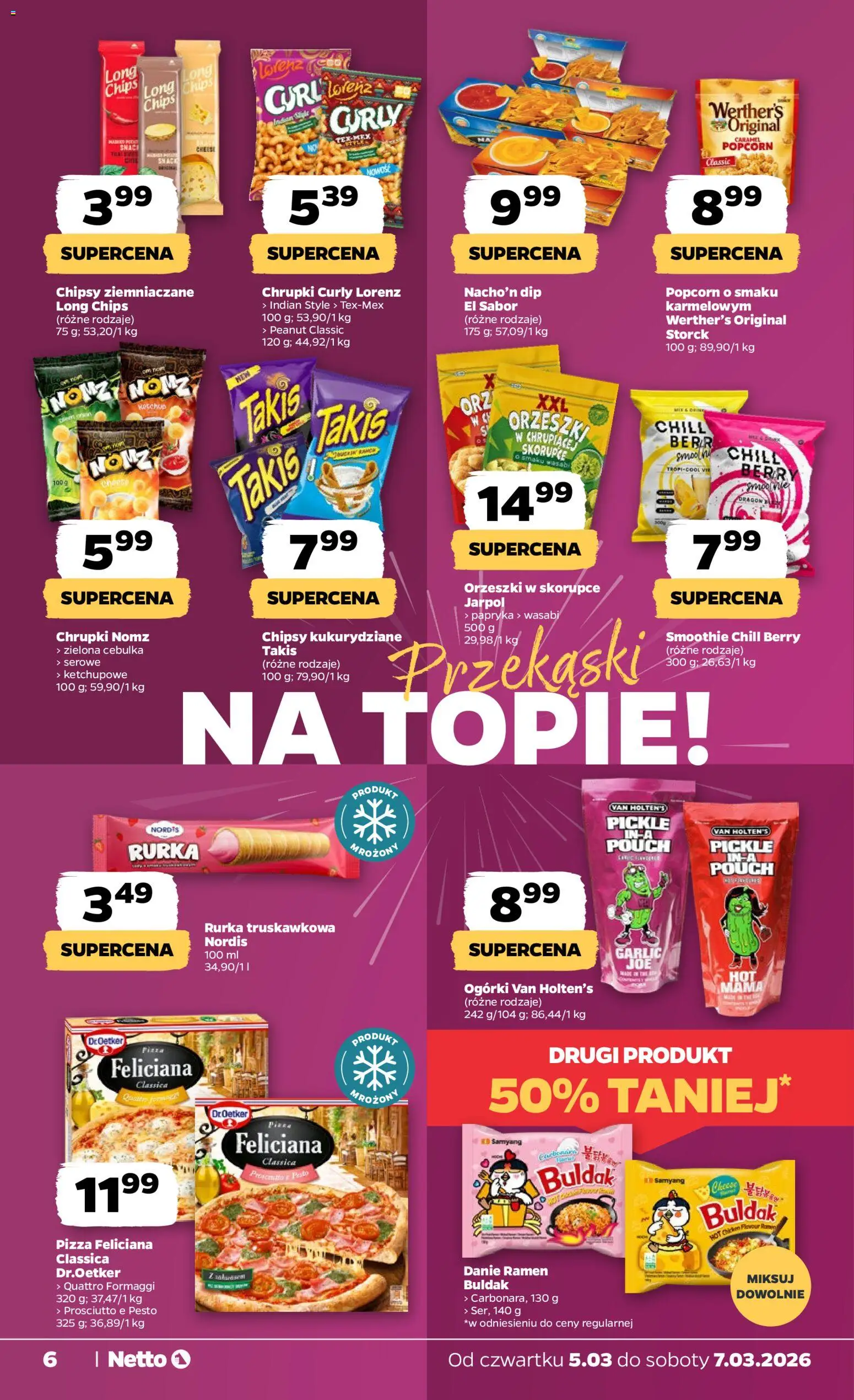 Netto gazetka od czwartku spożywcza od 05.03.2026 | Strona: 6 | Produkty: Pesto, Pizza, Popcorn, Ogórki