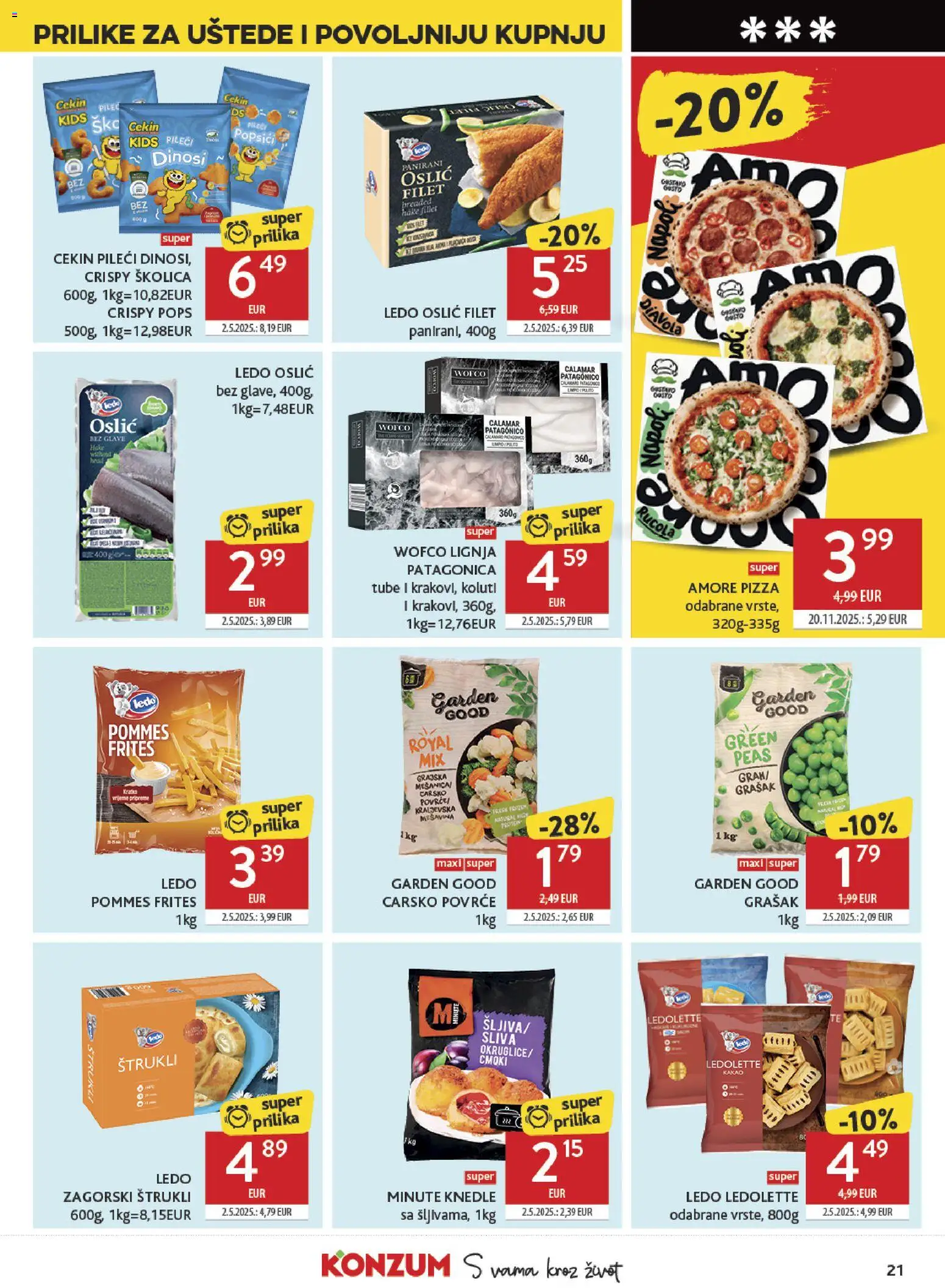 Konzum katalog | vrijedi od 28.01.2026 | Stranica: 21 | Proizvodi: Ledo, Povrće, Oslić, Lignja Patagonica