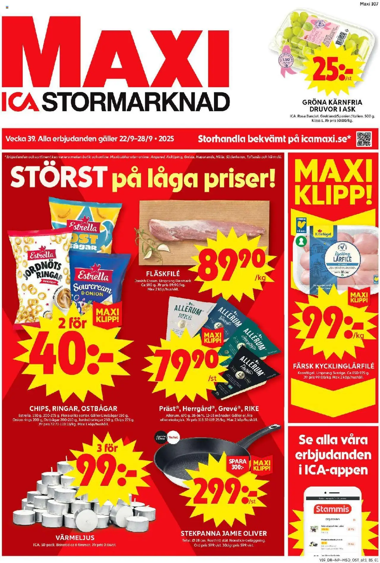 ICA Maxi reklamblad aktuell från 22.09.2025 | Sida: 1 | Produkter: Ostbågar, Oliver, Galler, Stekpanna