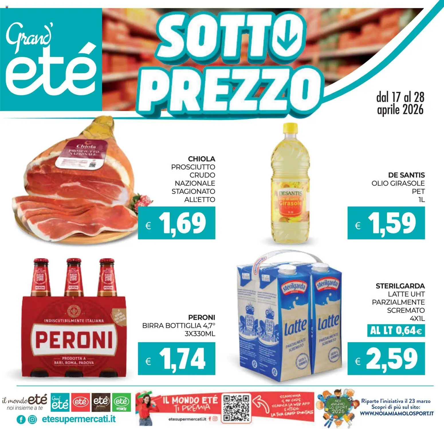 Volantino Eté del 17.04.2026 | Pagina: 1 | Prodotti: Prosciutto Crudo, Olio, Prosciutto, Bottiglia