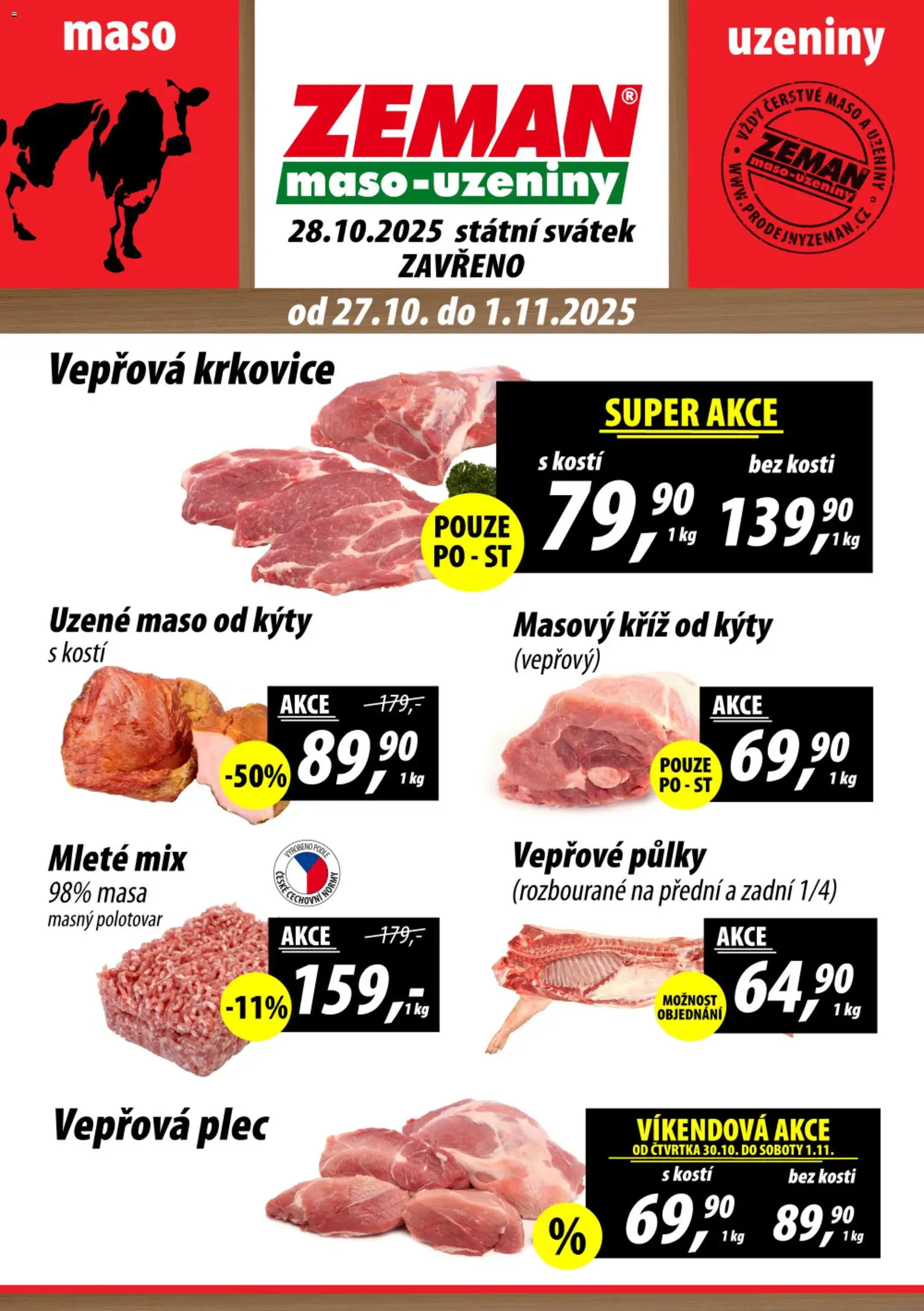 Prodejny Zeman leták od 27.10.2025 | Strana: 1 | Produkty: Vepřové půlky, Uzeniny, Maso, Krkovice