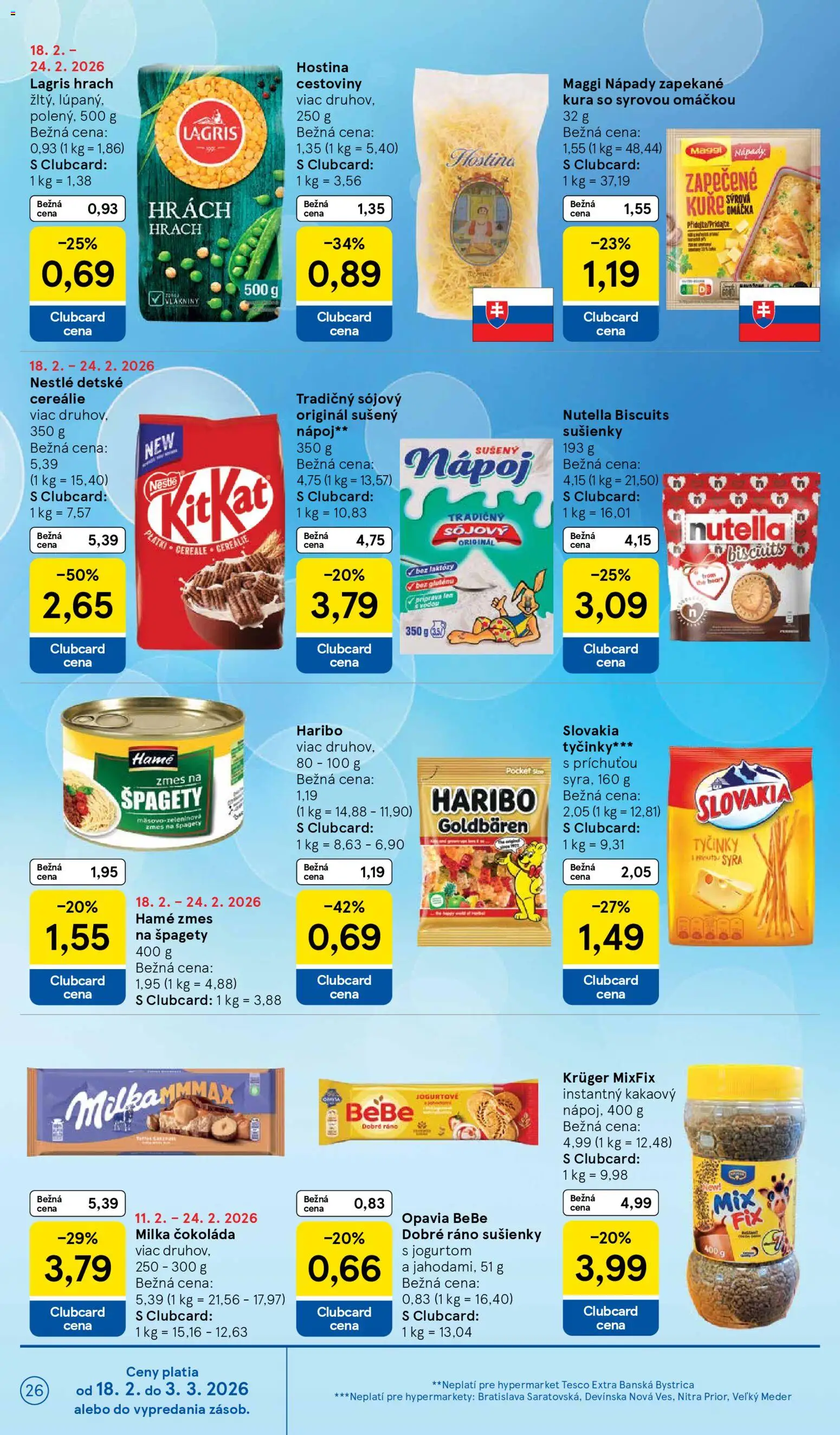 Nové Tesco akcie – leták je platný od 18.02.2026 | Strana: 26 | Produkty: Hrach, Čokoláda, Nutella, Špagety