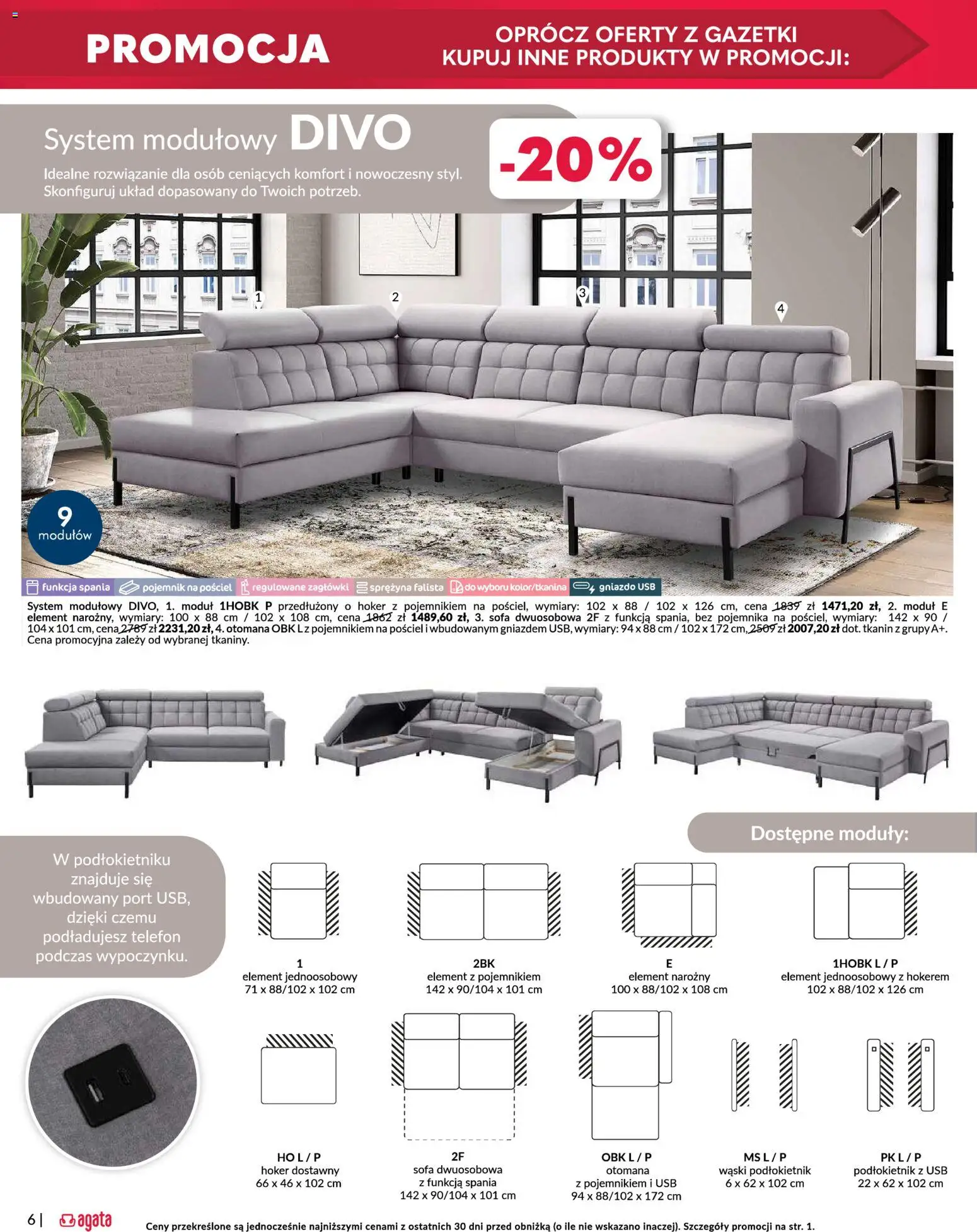 Salony Agata Gazetka - Otwarcie sklepu w Mysiadle od 26.02.2026 | Strona: 6 | Produkty: Pościel, Telefon, USB, Sofa