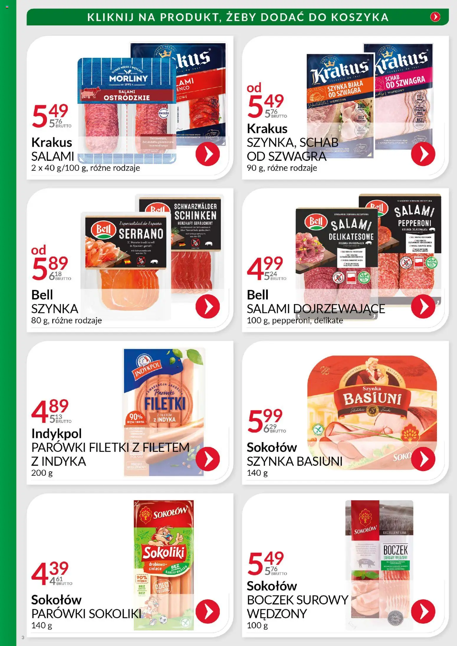 Eurocash Gazetka - Andrzejkowa Moc od 10.11.2025 | Strona: 3 | Produkty: Kiełbasa, Parówki sokoliki, Szynka, Boczek