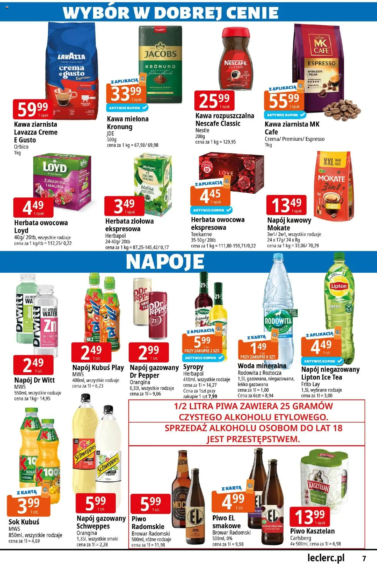 E.Leclerc Gazetka - Radom od 04.08.2025 | Strona: 7 | Produkty: Malina, Nescafe, Sok, Piwo