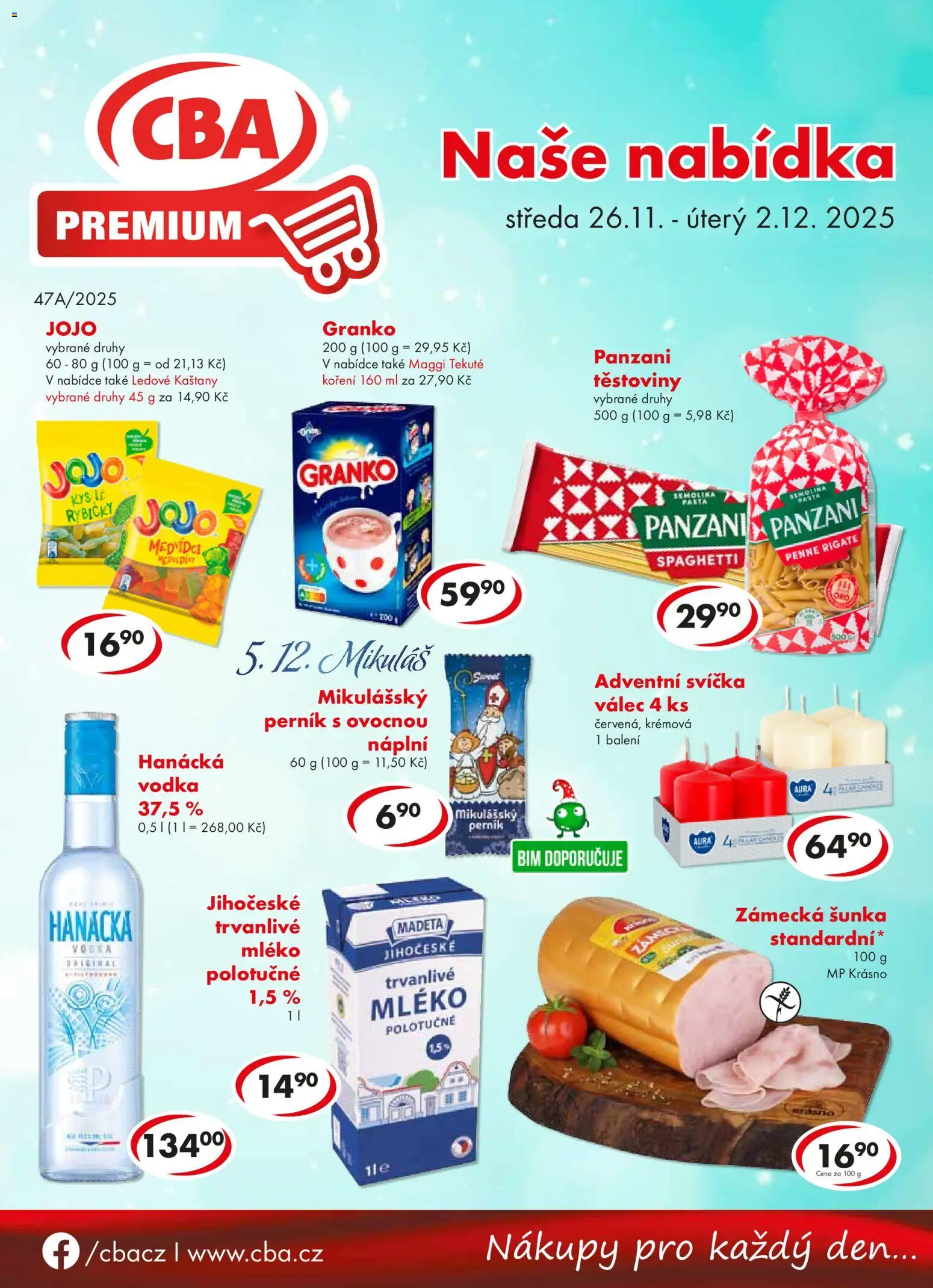 CBA leták - Premium od 26.11.2025 | Strana: 1 | Produkty: Jojo, Mléko, Maggi, Těstoviny