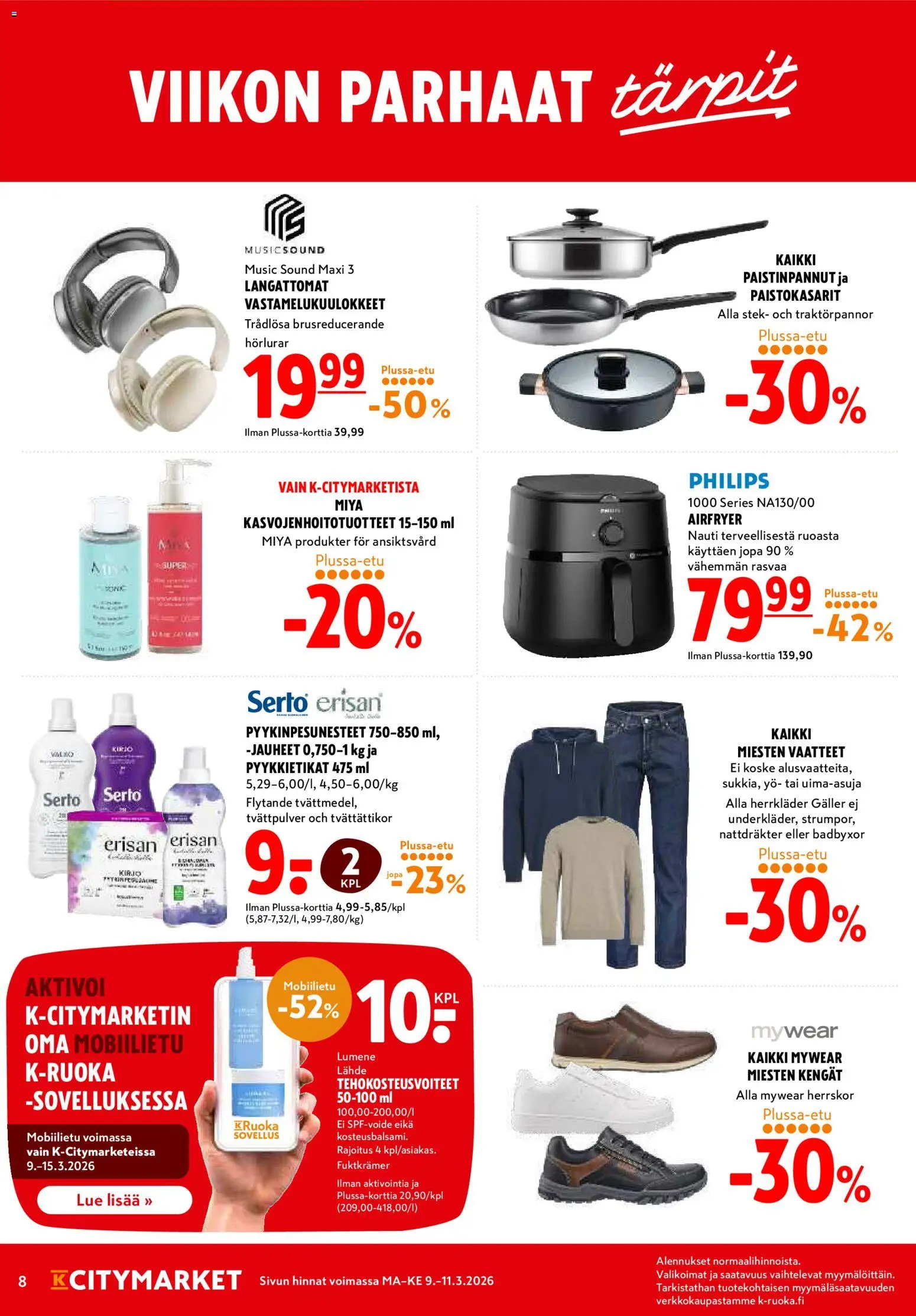 K-Citymarket tarjoukset – voimassa 09.03.2026 alkaen | Sivu: 8 | Tuotteet: Vastamelukuulokkeet, Vaatteet