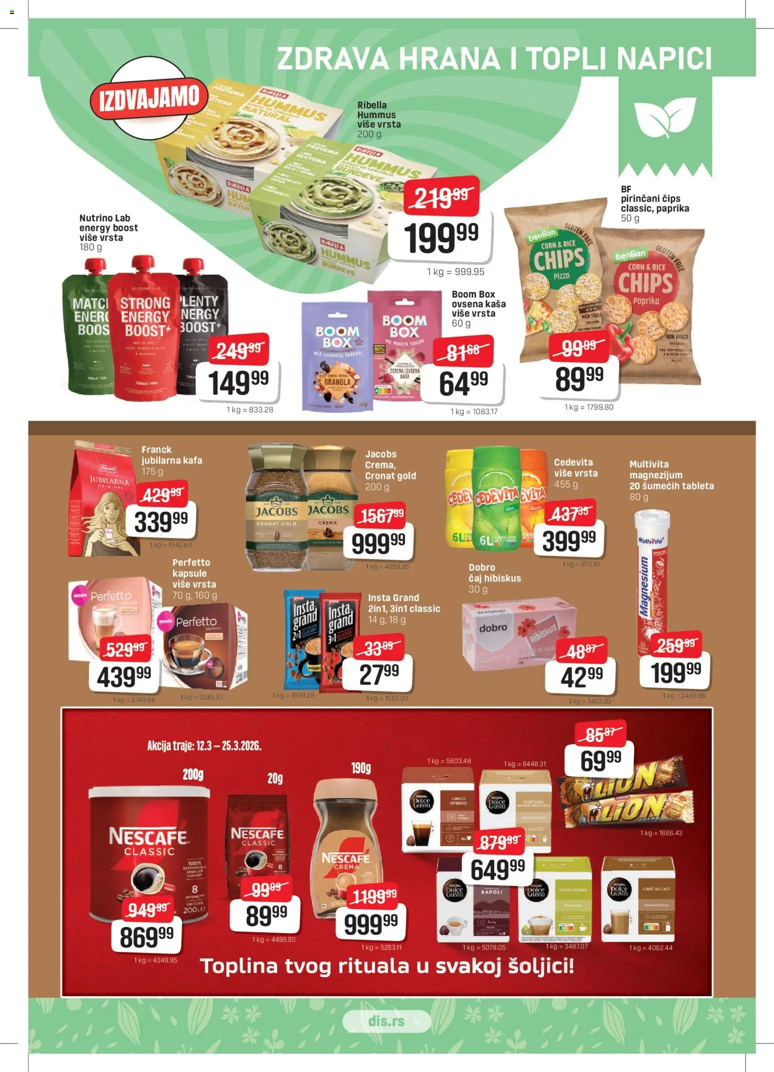 DIS katalog - važi od 12.03.2026 | Strana: 9 | Proizvode: Kapsule, Ovsena kaša, Cedevita, Hummus