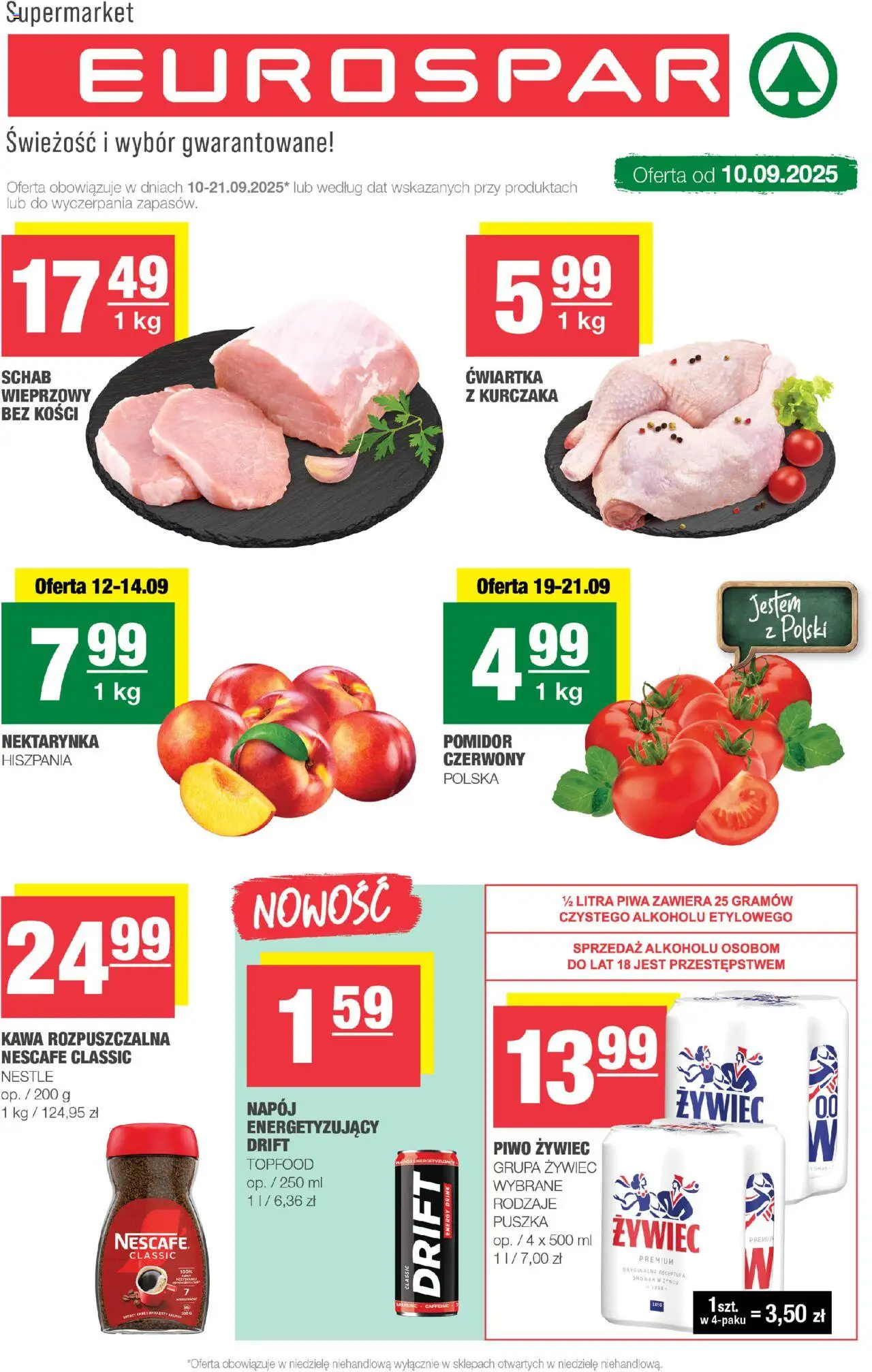Spar Gazetka - Eurospar od 10.09.2025 | Strona: 1 | Produkty: Schab, Nescafe, Kawa, Piwo