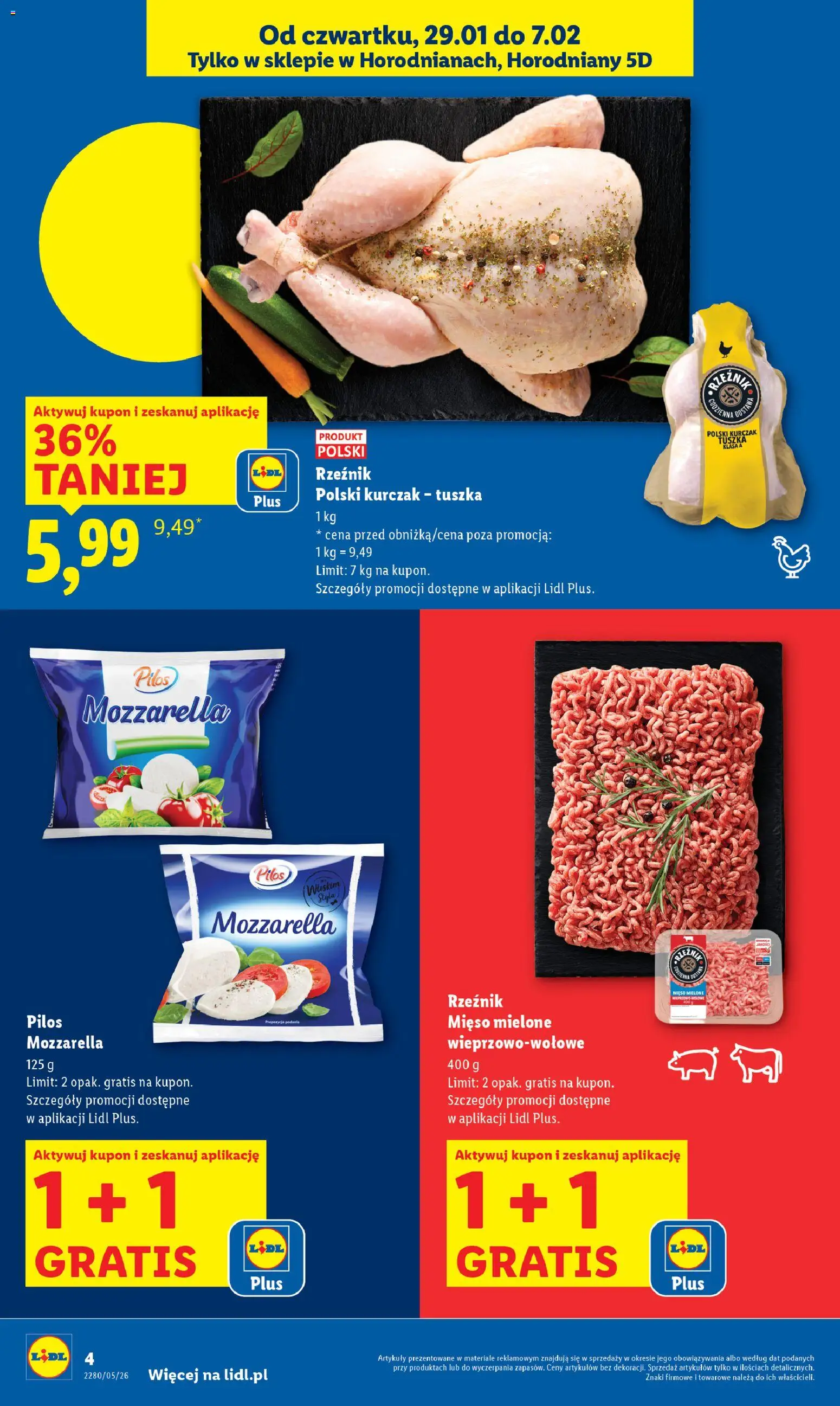 Lidl Gazetka - Wielkie otwarcie w Horodnianach od 29.01.2026 | Strona: 4 | Produkty: Kurczak, Mięso, Mięso mielone, Mozzarella
