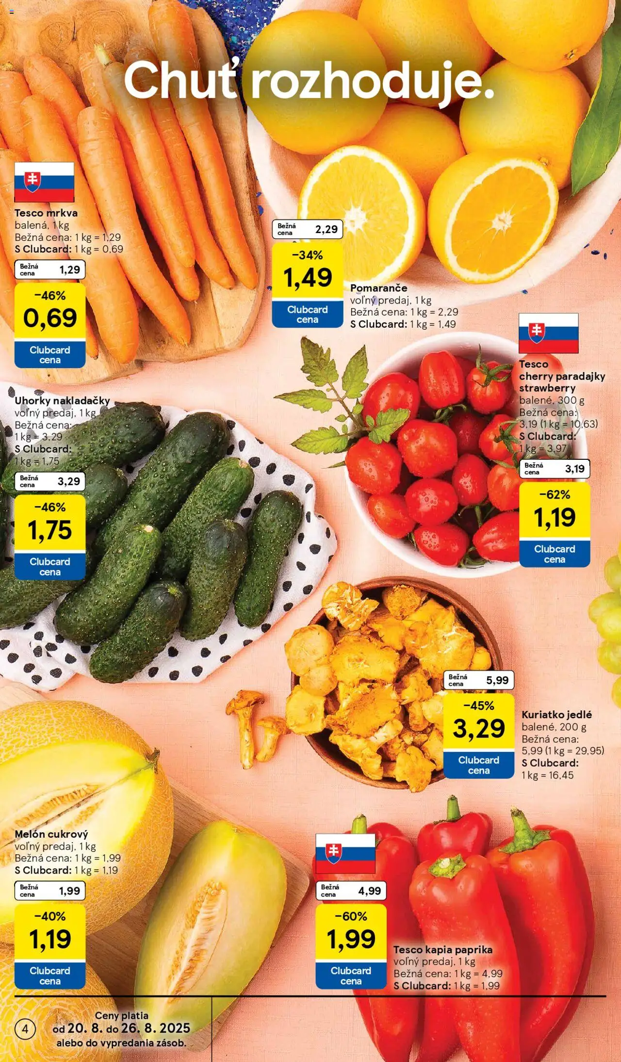 Tesco Hypermarket - leták │ platný od 20.08.2025 | Strana: 4 | Produkty: Pomaranče, Melón, Cherry paradajky, Uhorky