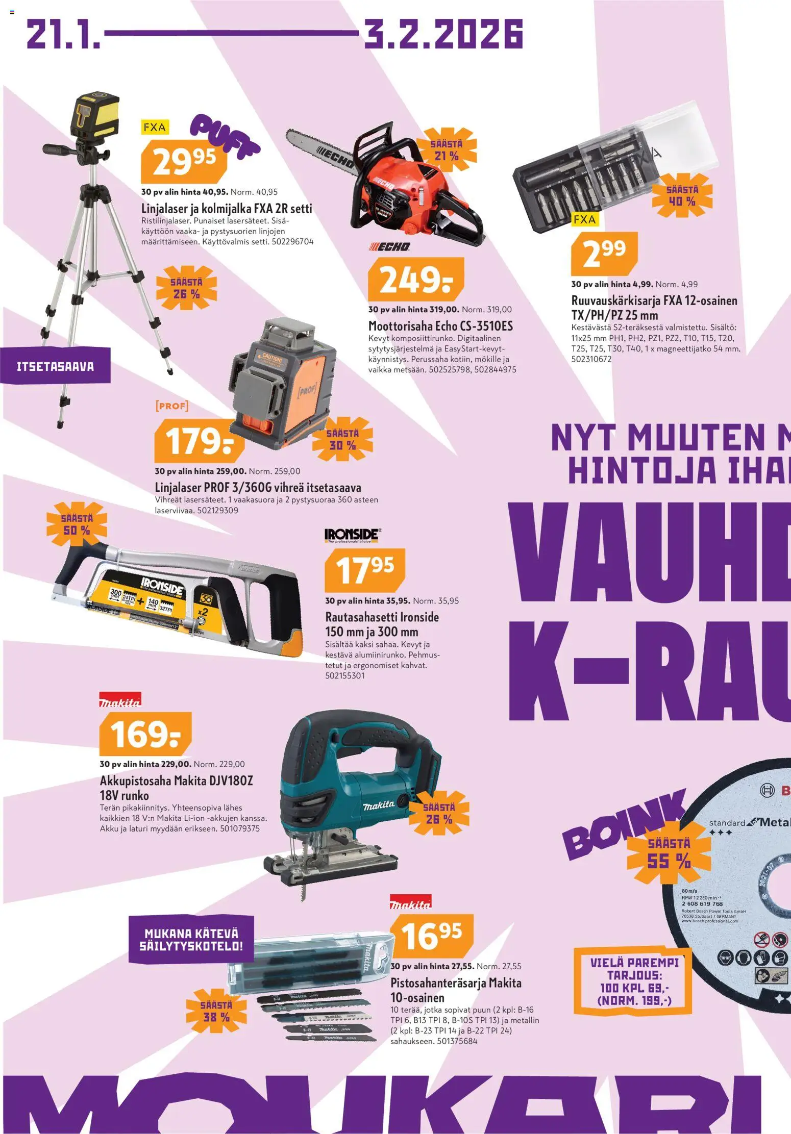 K-Rauta tarjoukset – voimassa 21.01.2026 alkaen | Sivu: 4 | Tuotteet: Vaaka, Moottorisaha, Akku, Laturi