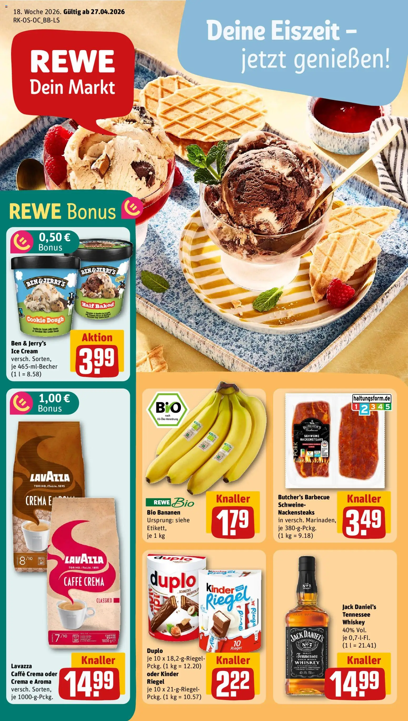 Rewe Prospekt 	 – gültig ab 27.04.2026 | Seite: 1 | Produkte: Nackensteaks, Bananen, Jack Daniel's, Kinder riegel