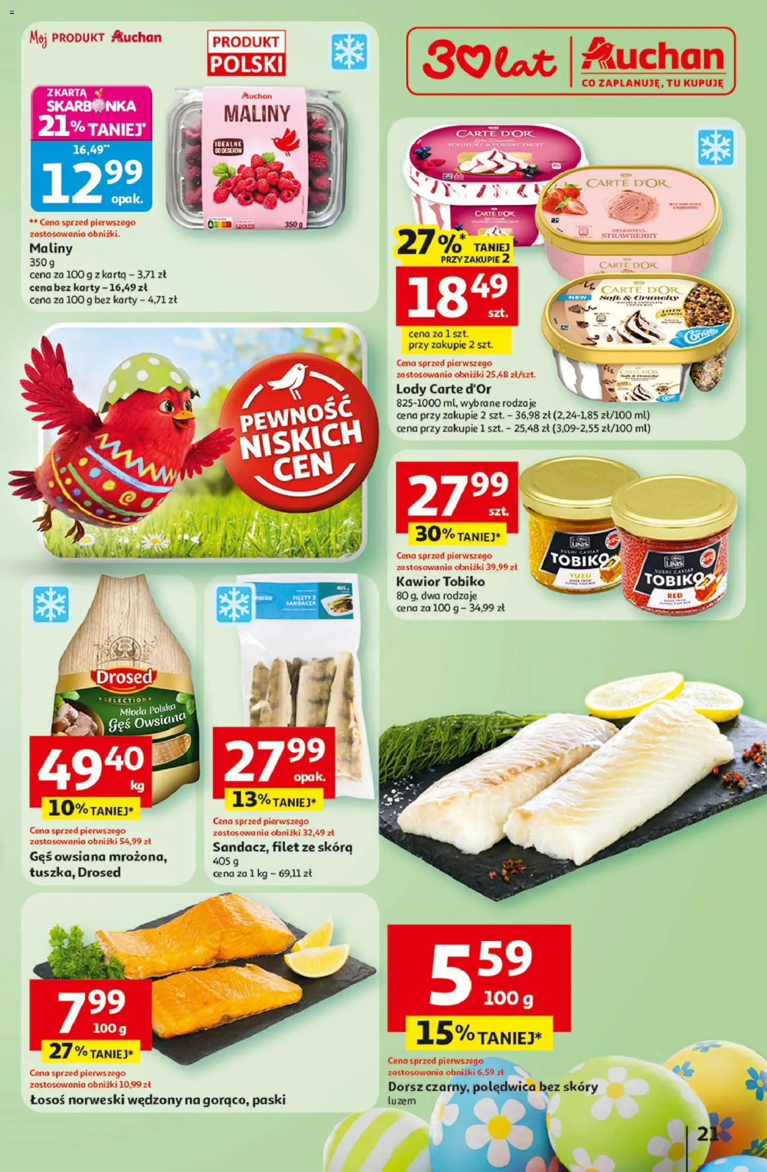 Auchan gazetka - 30 Lat Hipermarket od 31.03.2026 | Strona: 21 | Produkty: Karta, Gęś, Łosoś norweski, Lody