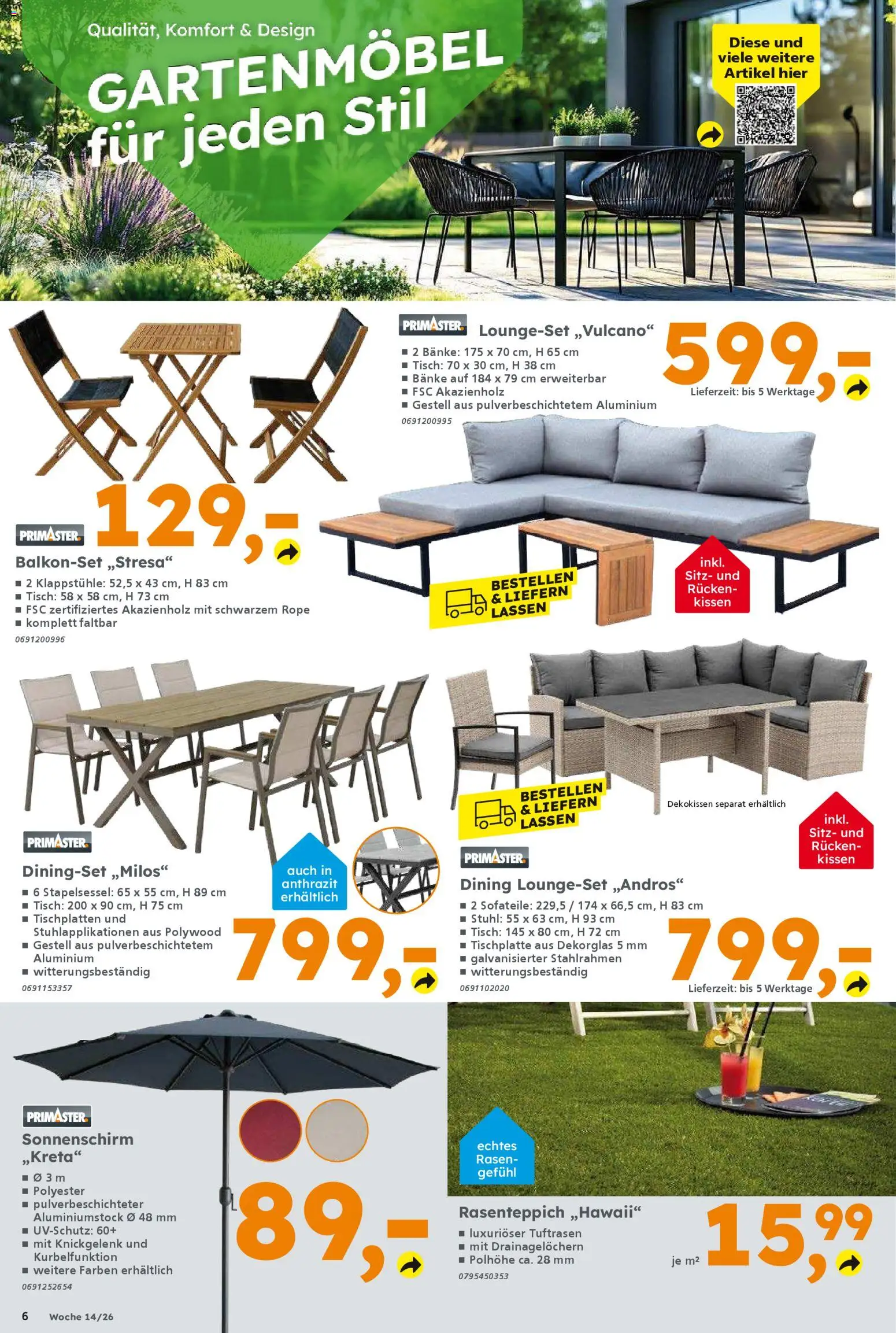 Globus Baumarkt Prospekt 	 – gültig ab 30.03.2026 | Seite: 6 | Produkte: Kissen, Tisch, Stuhl, Sonnenschirm