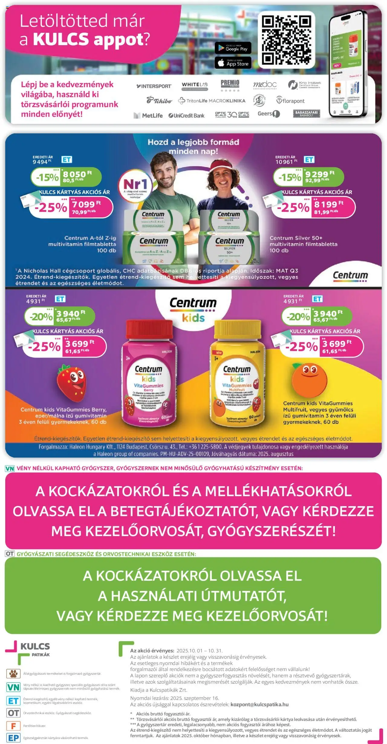 Kulcs Patika akciós ujság - amely érvényes a következő dátumtól: 01.10.2025 | Oldal: 20 | Termékek: Gyümölcs, Multivitamin