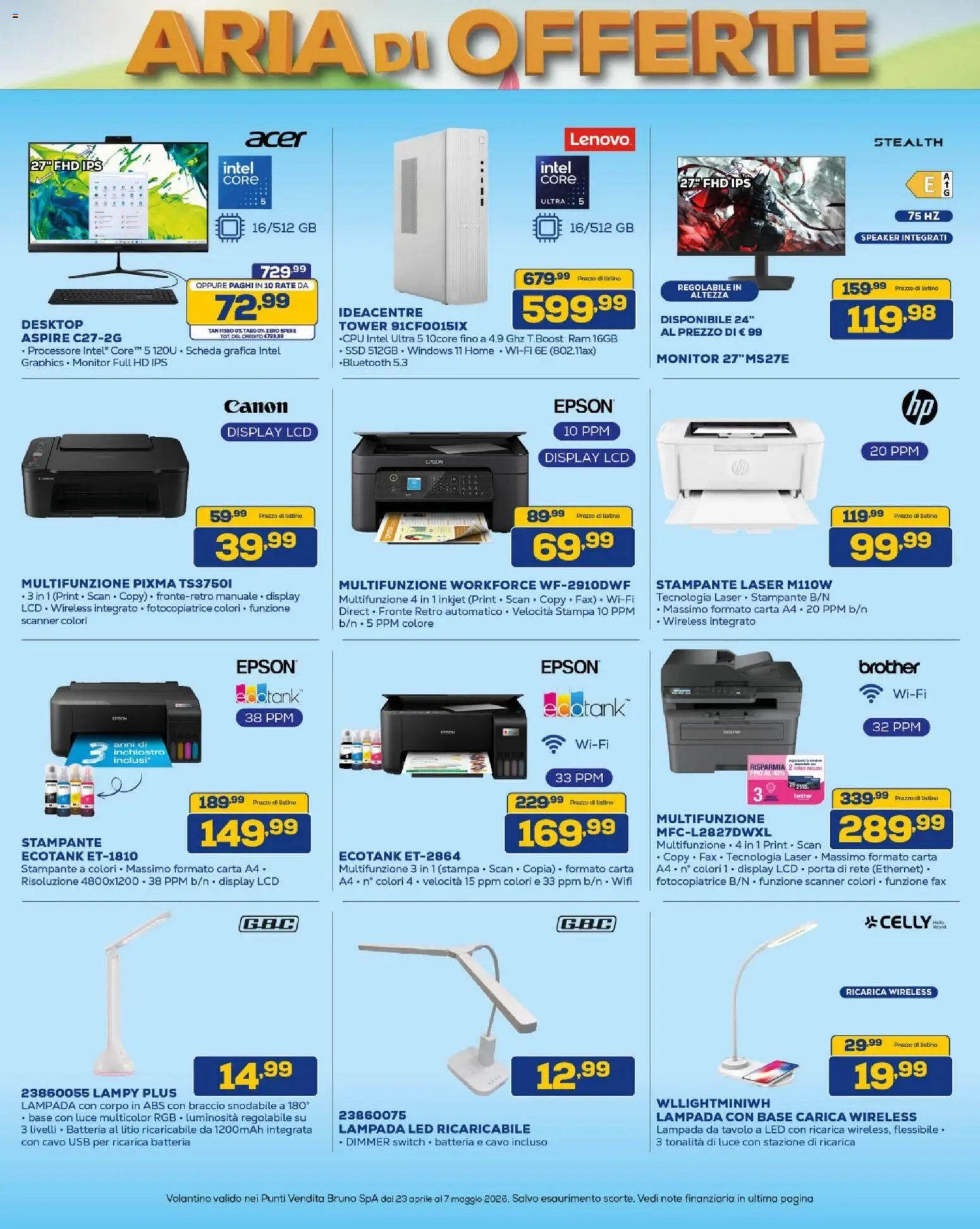 Volantino BRUNO del 23.04.2026 | Pagina: 17 | Prodotti: Stampante, Cavo, Speaker, Lampada