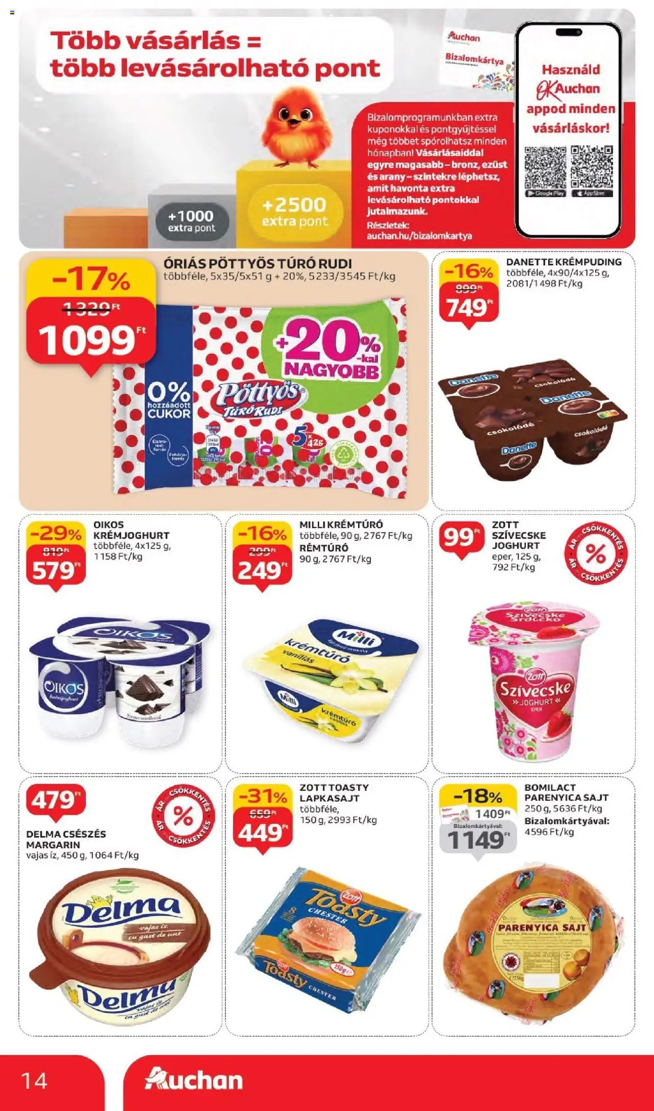 Auchan akciós ujság - amely érvényes a következő dátumtól: 11.09.2025 | Oldal: 14 | Termékek: Lapkasajt, Margarin, Csokoládé, Parenyica sajt