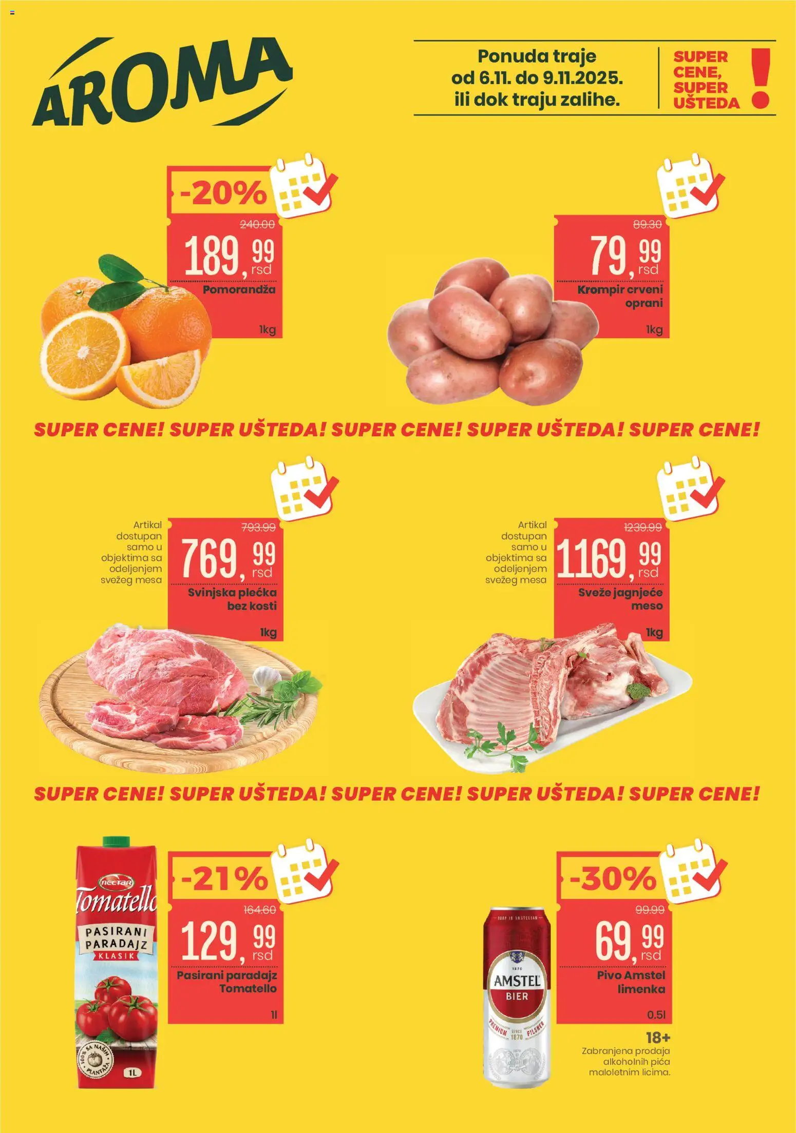 Aroma Market katalog - važi od 06.11.2025 | Strana: 1 | Proizvode: Pasirani paradajz, Pivo, Svinjska plećka, Paradajz
