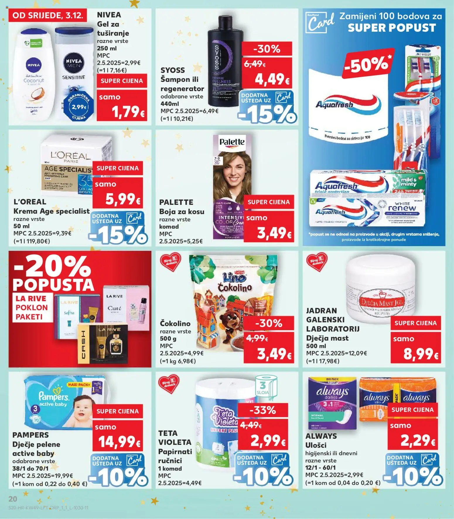 Kaufland katalog | vrijedi od 03.12.2025 | Stranica: 20 | Proizvodi: Pelene, Šampon, Boja za kosu, Violeta