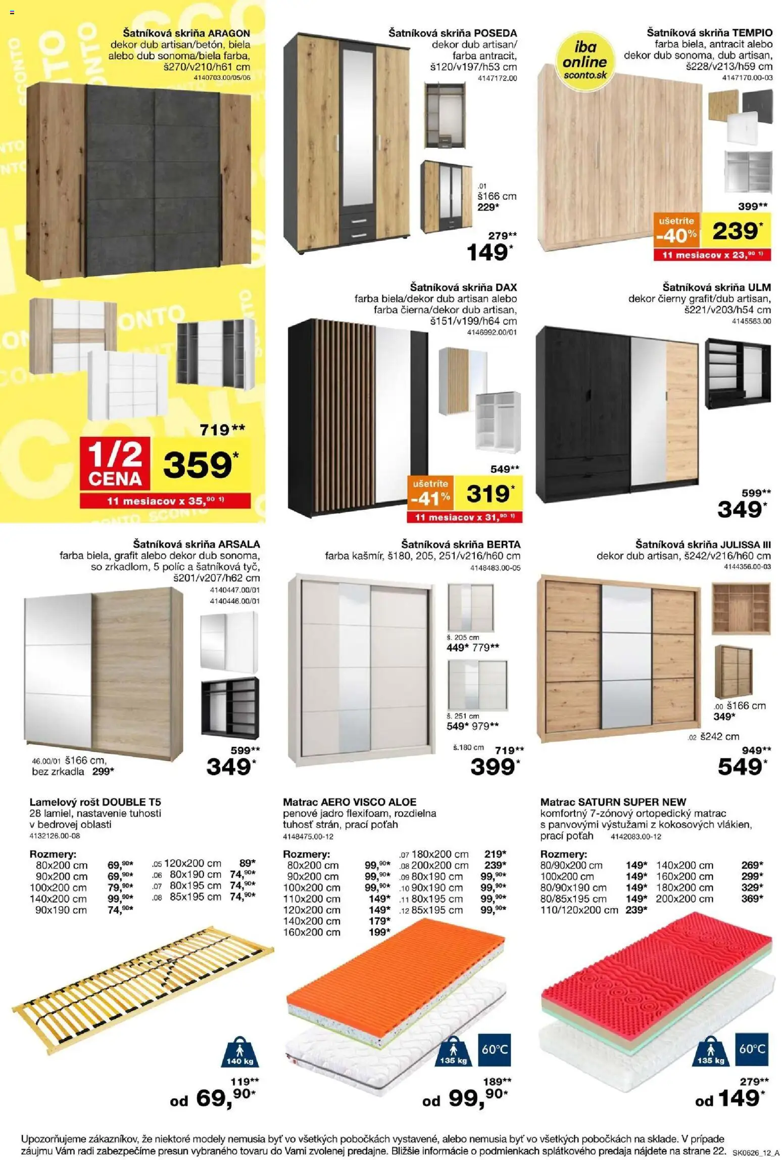 Nové Sconto nábytok akcie – leták je platný od 22.04.2026 | Strana: 12 | Produkty: Matrac, Šatníková skriňa, Skriňa
