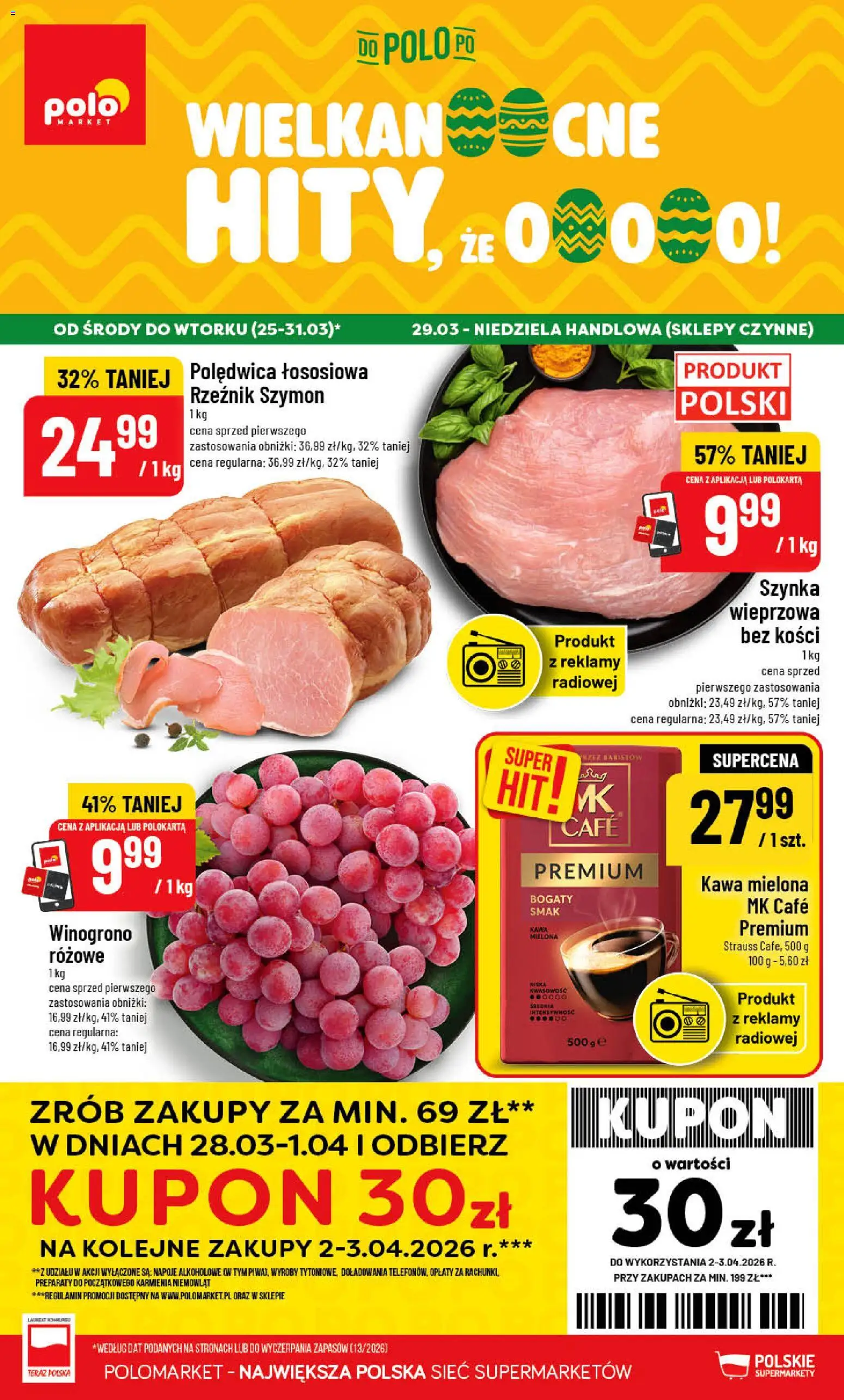 POLOmarket gazetka od 25.03.2026 | Strona: 1 | Produkty: Winogrono, Napoje, Szynka, Kawa