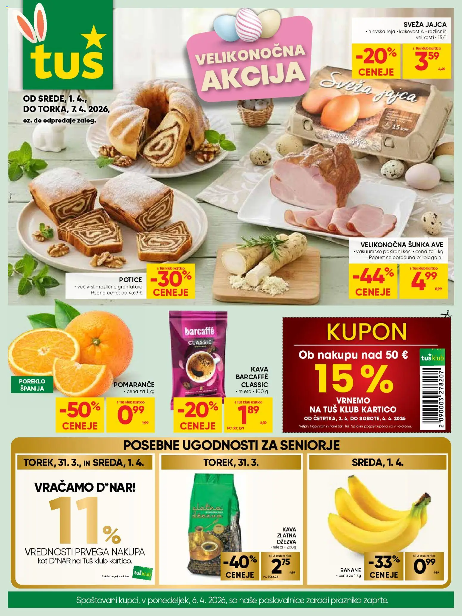 Novi Tuš katalog ponudbe – veljaven od 30.03.2026 | Stran: 1 | Izdelki: Jajca, Kava, Pomarance, Banane