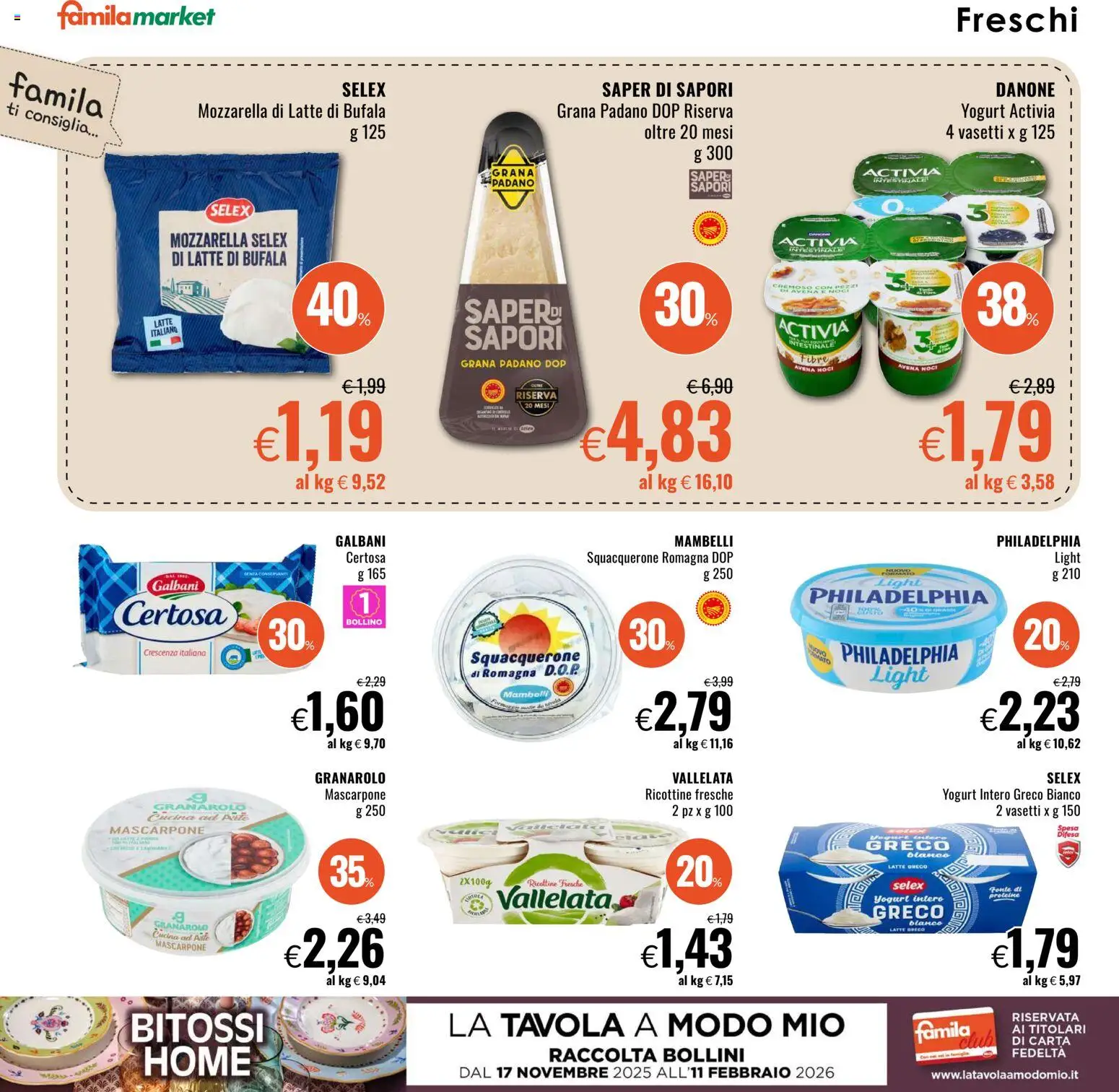 Volantino Famila del 08.01.2026 | Pagina: 6 | Prodotti: Yogurt, Mozzarella, Grana Padano, Crescenza