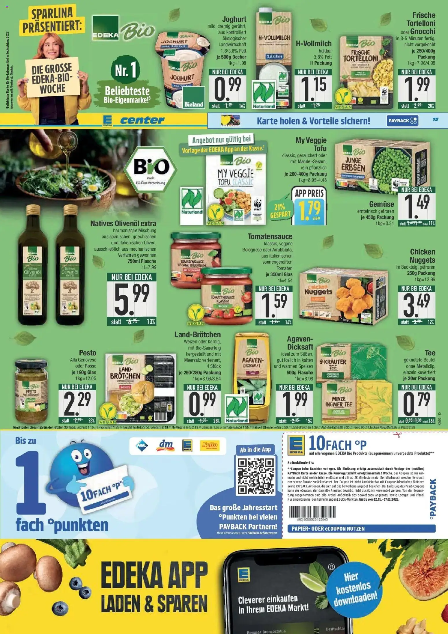 Edeka prospekt Bad Reichenhall	 – gültig ab 11.01.2026 | Seite: 15 | Produkte: Joghurt, Olivenol, Pasta, Erbsen