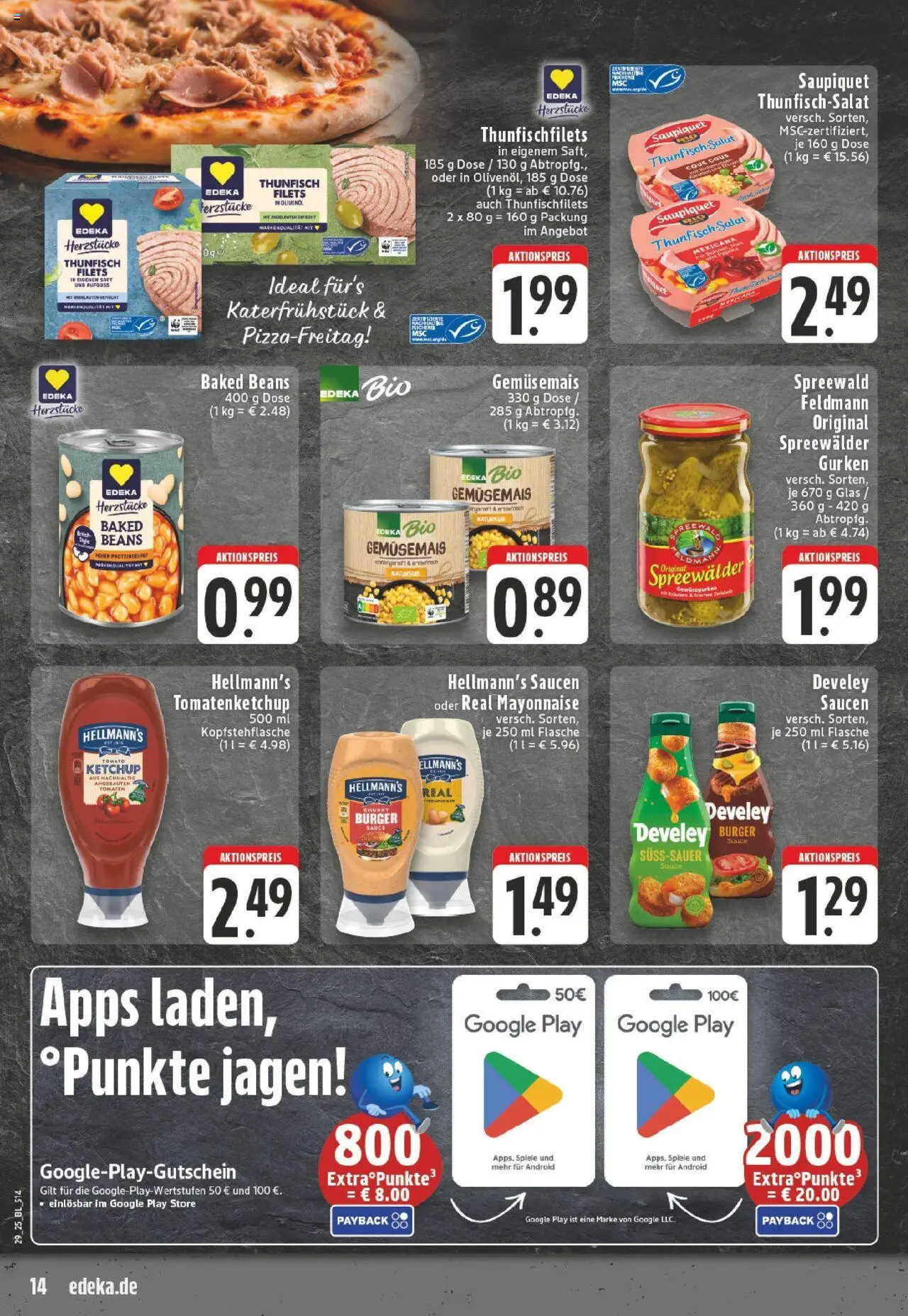 Edeka prospekt Versmold	 - gültig ab dem 13.07.2025 | Seite: 14 | Produkte: Thunfisch, Burger, Saft, Gurken