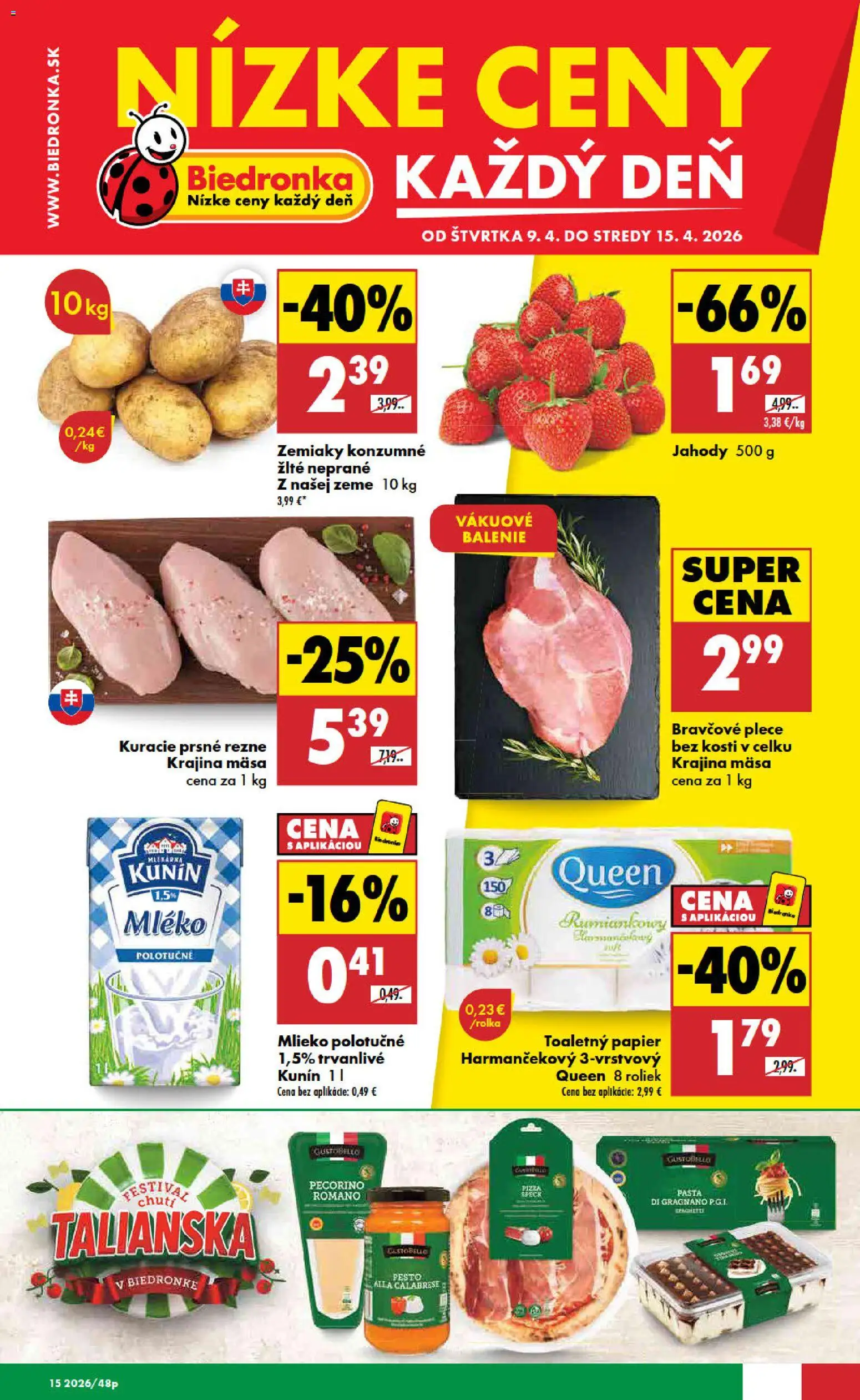 Nové Biedronka akcie – leták je platný od 09.04.2026 | Strana: 1 | Produkty: Mlieko, Bravčové plece, Toaletný papier, Zemiaky
