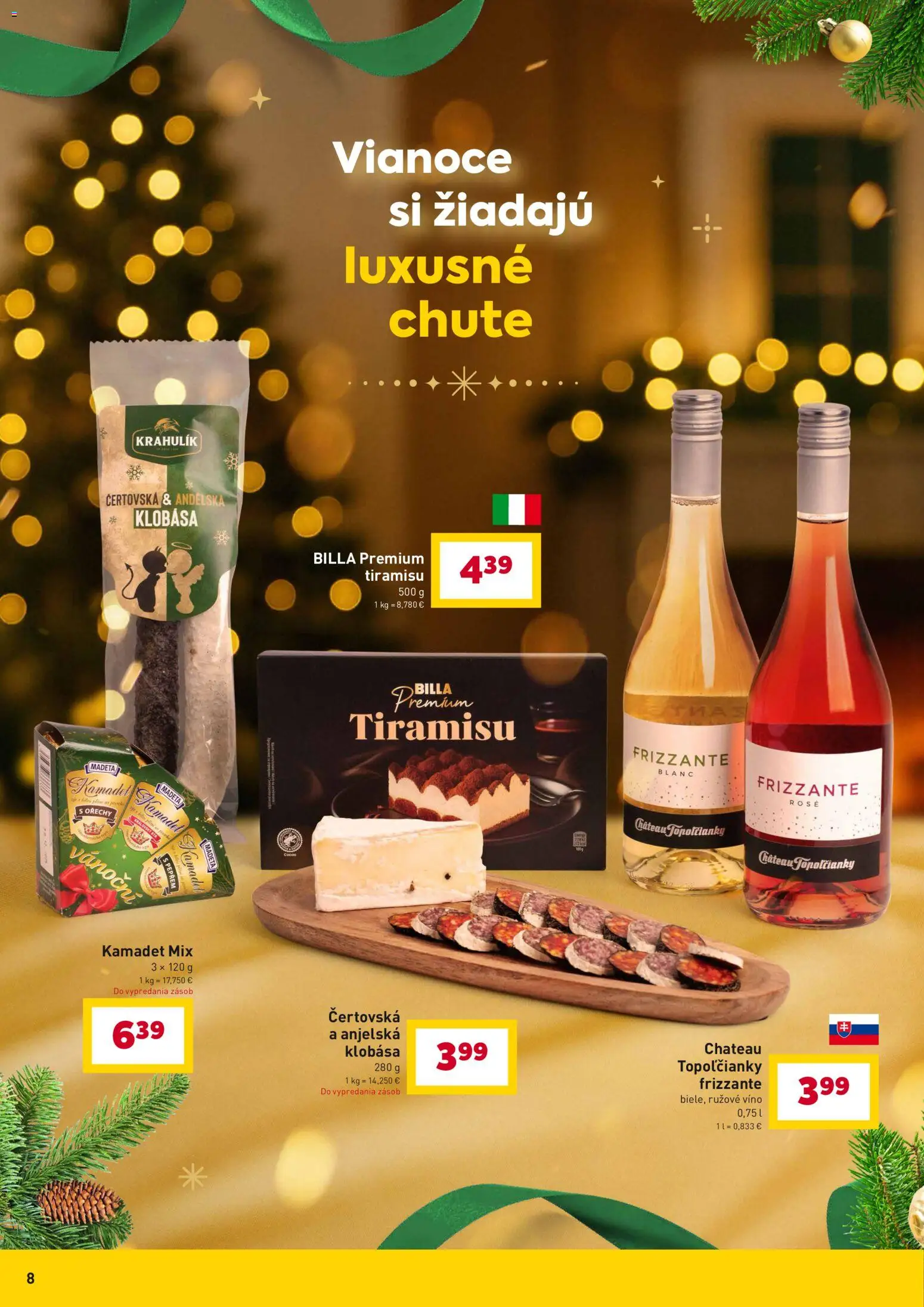 Nové Billa akcie – leták je platný od 10.12.2025 | Strana: 8 | Produkty: Víno, Klobása, Rúžové víno, Orechy