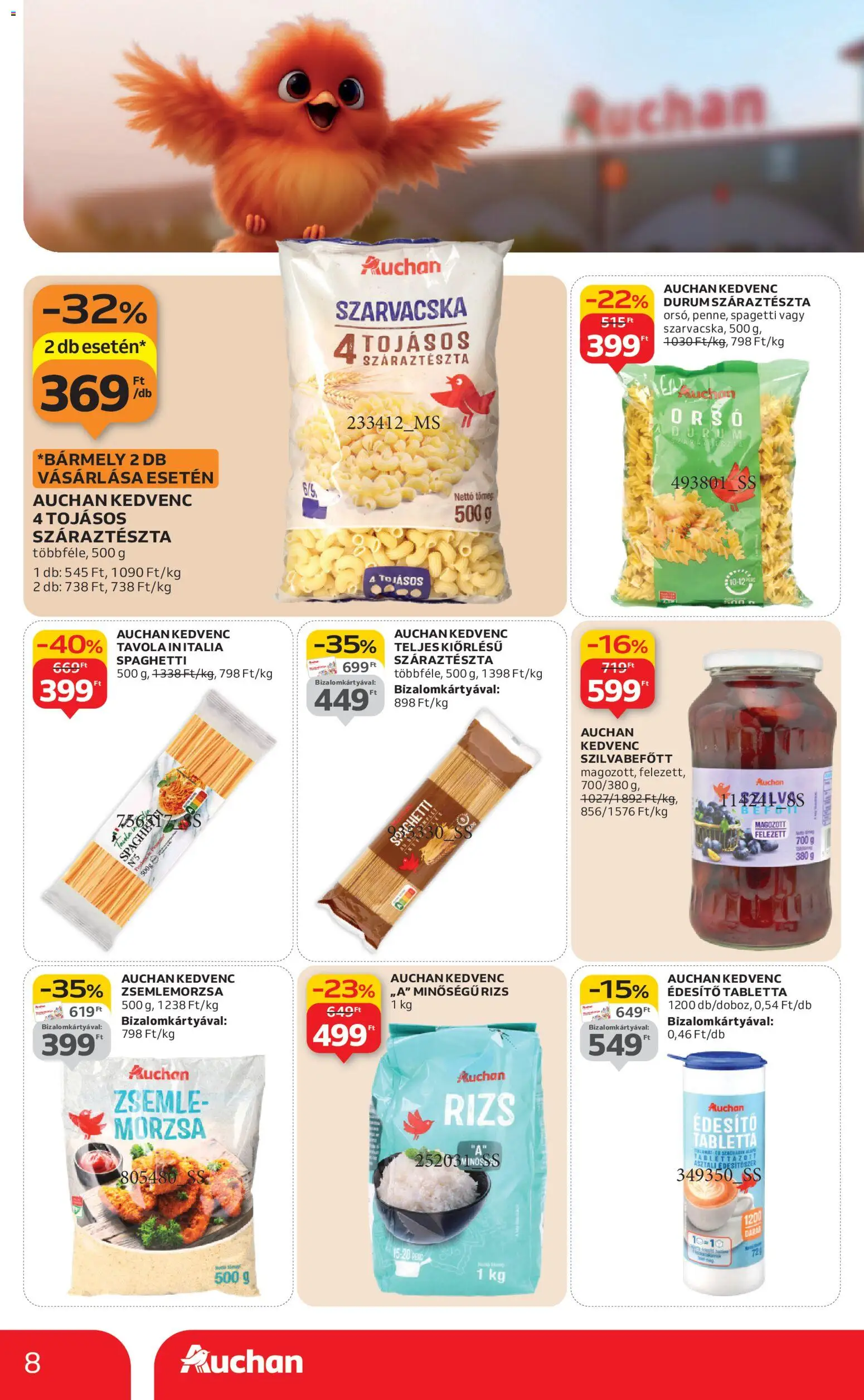 Auchan akciós ujság - amely érvényes a következő dátumtól: 22.01.2026 | Oldal: 8 | Termékek: Zsemlemorzsa, Spagetti, Zsemle, Szilvabefőtt