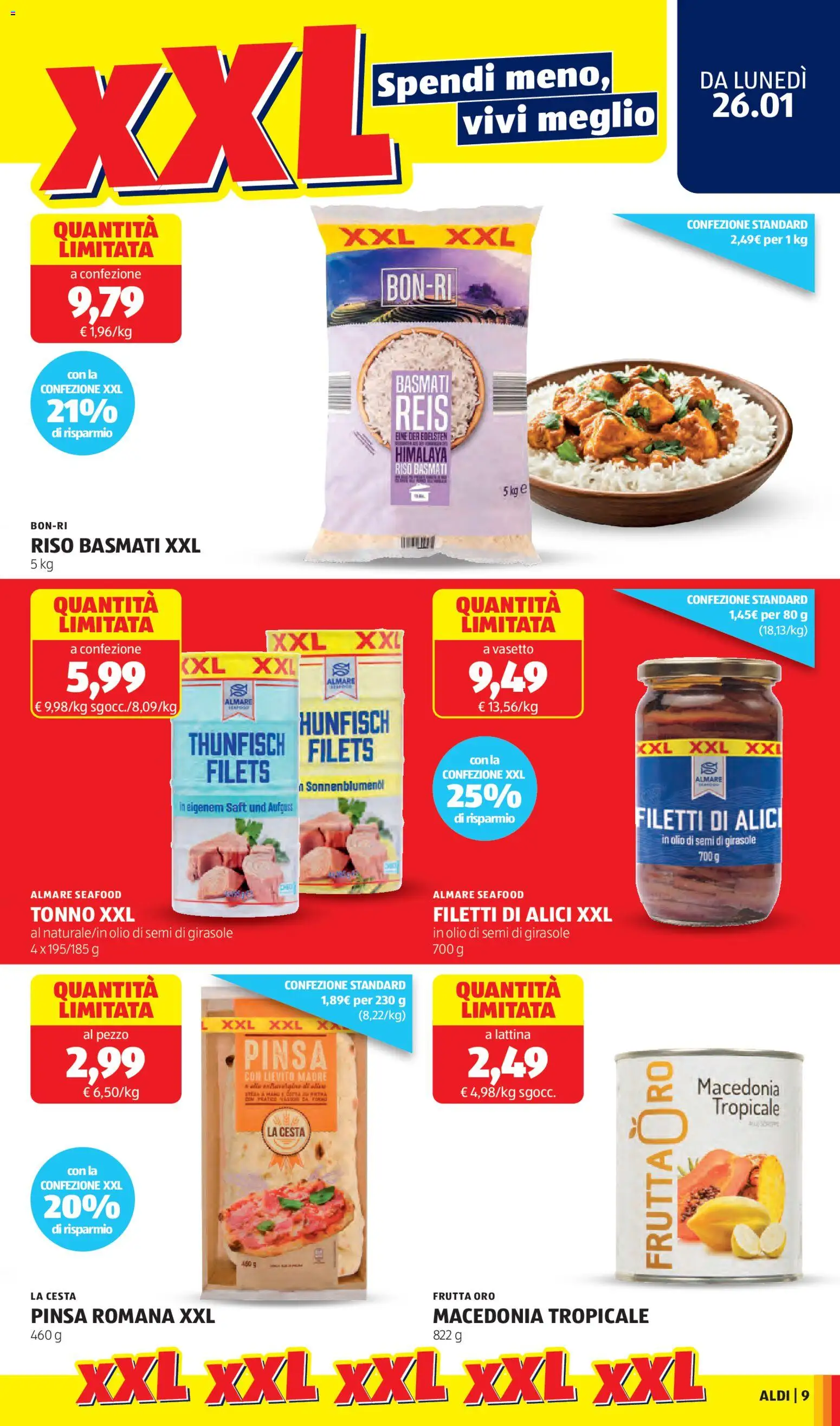 Volantino Aldi del 26.01.2026 | Pagina: 9 | Prodotti: Riso Basmati, Tonno, Macedonia, Olio di semi di girasole