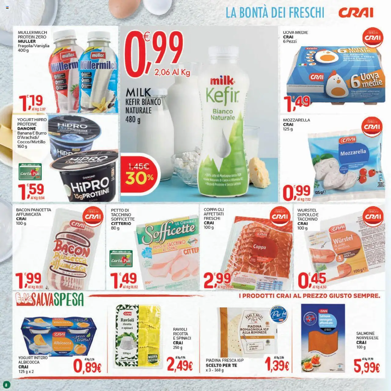 Volantino CRAI del 21.08.2025 | Pagina: 8 | Prodotti: Yogurt, Salmone, Burro, Ricotta