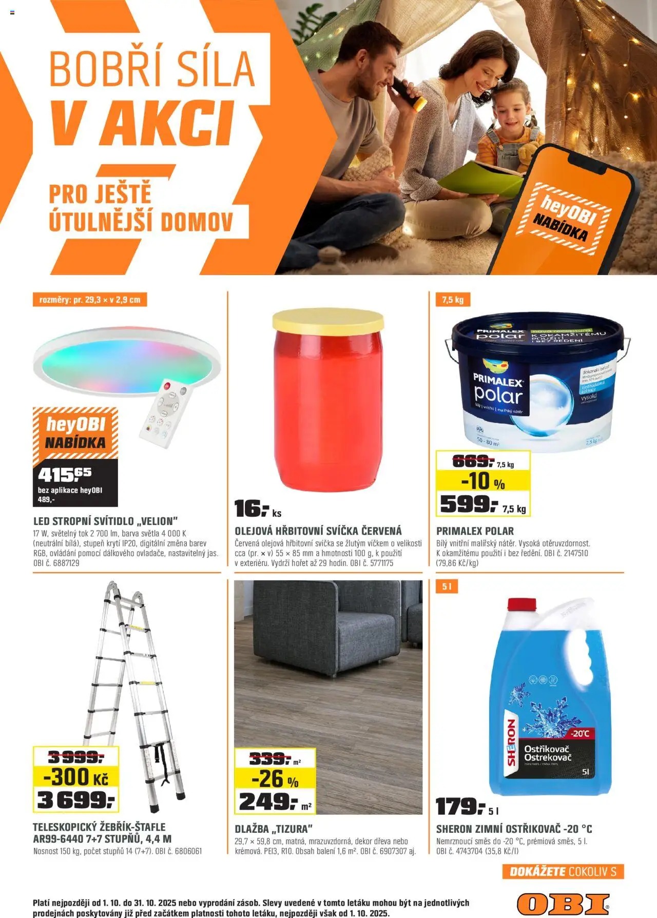 OBI leták - Karlovy Vary, Mladá Boleslav, Králův Dvůr od 01.10.2025 | Strana: 1 | Produkty: Dlažba, Svíčka, LED stropní svítidlo, LED