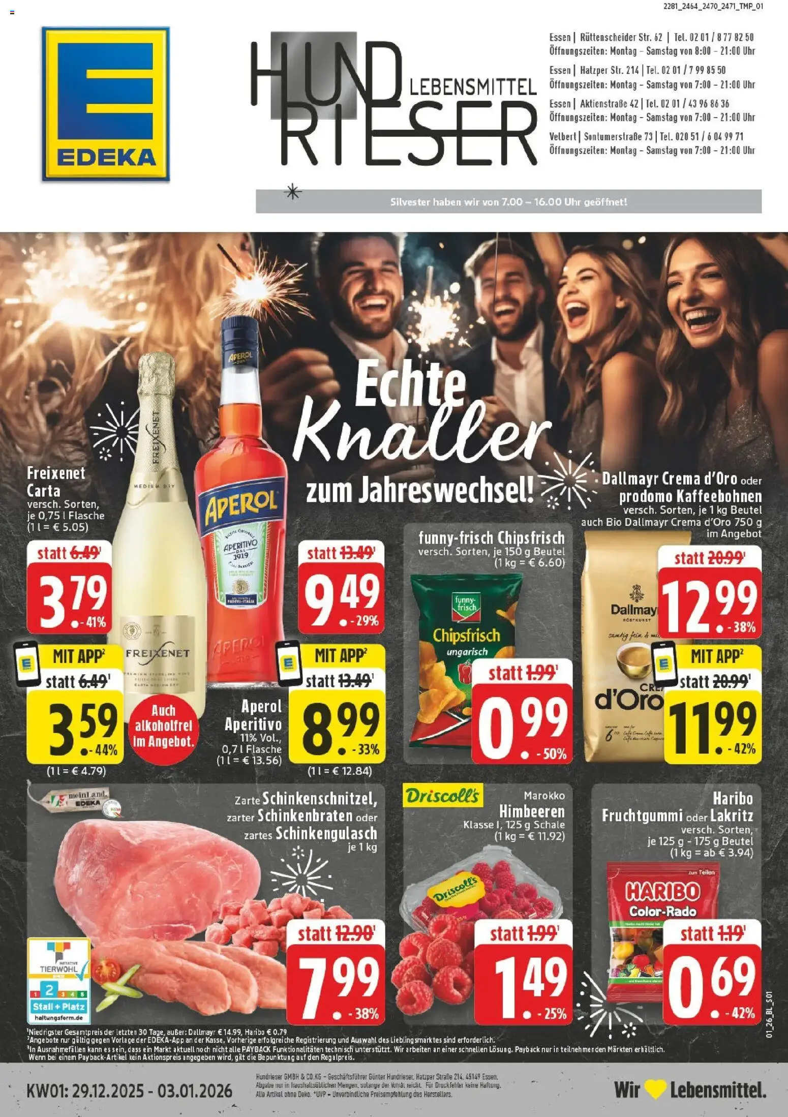 Edeka prospekt Essen	 – gültig ab 29.12.2025 | Seite: 1 | Produkte: Himbeeren, Dallmayr, Aperol, Uhr