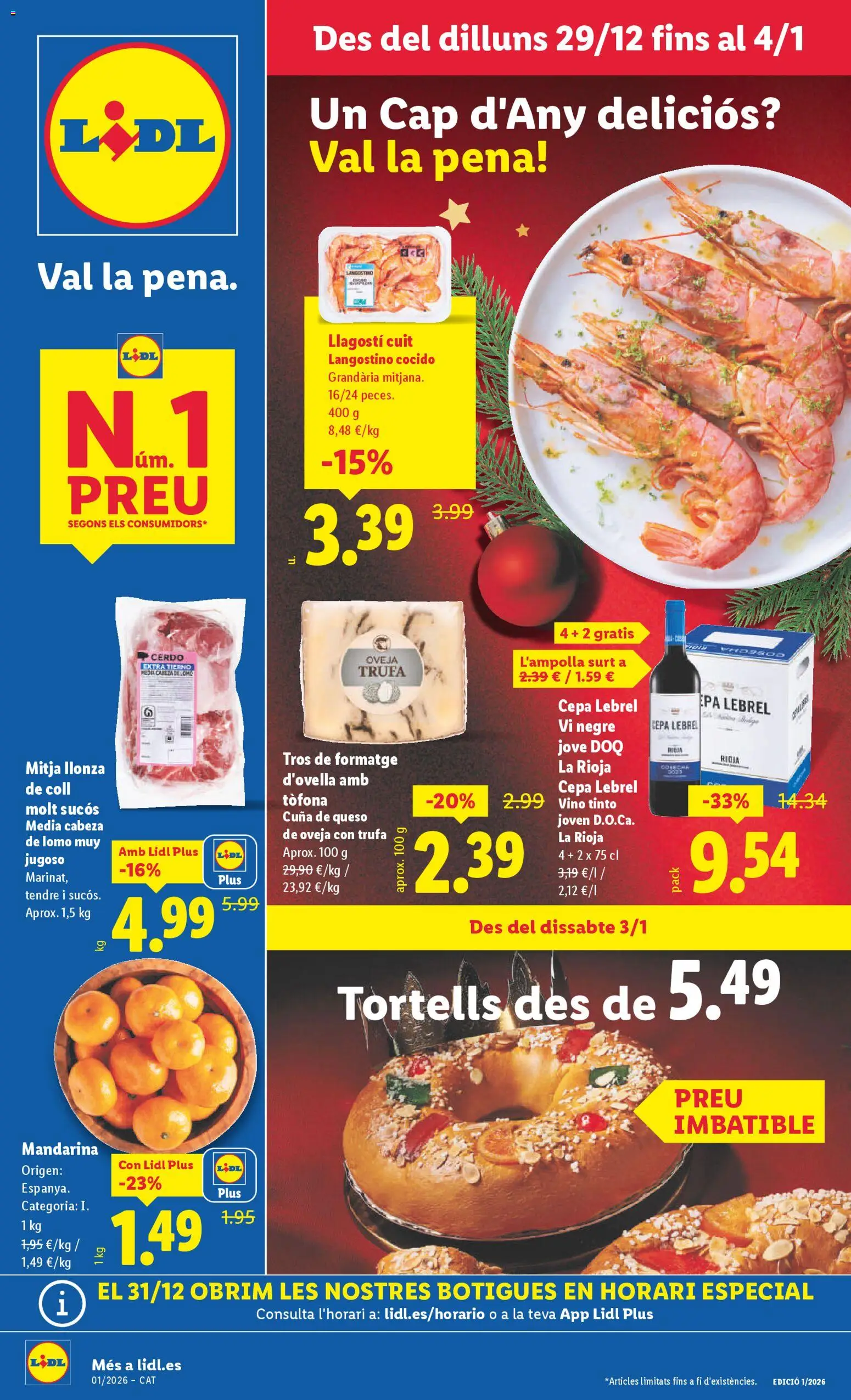 Lidl folleto │ válido desde el 29.12.2025 | Página: 1 | Productos: Queso de oveja, Vino, Cerdo, Langostino