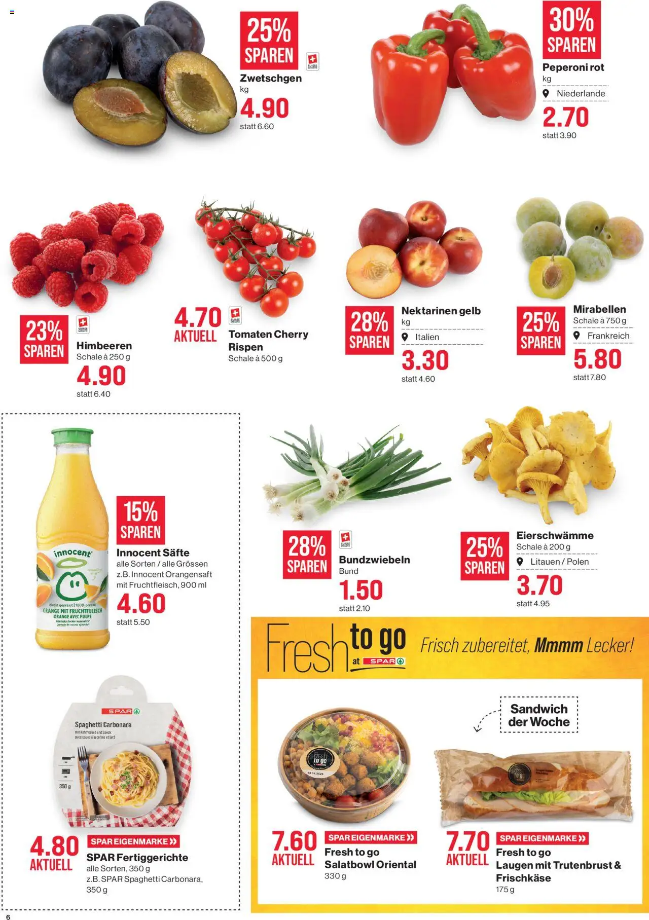 SPAR Aktionen ab 14.08.2025 | Seite: 6 | Produkte: Nektarinen, Orangensaft, Tomaten, Fertiggerichte