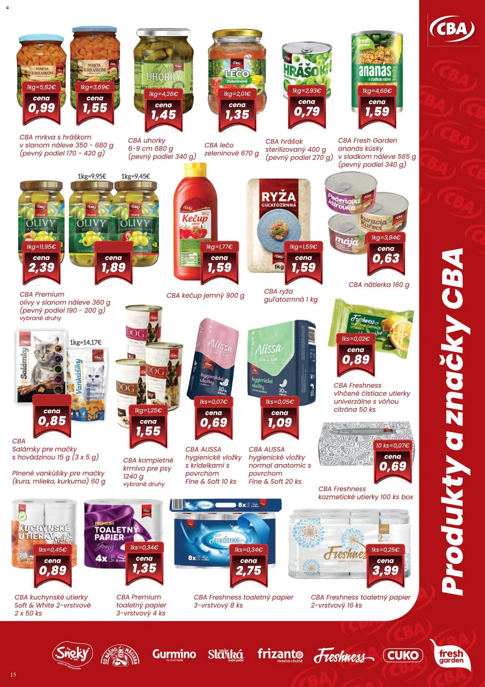 Nové CBA Komfos akcie – leták je platný od 01.04.2026 | Strana: 15 | Produkty: Hrášok, Toaletný papier, Mrkva, Uhorky