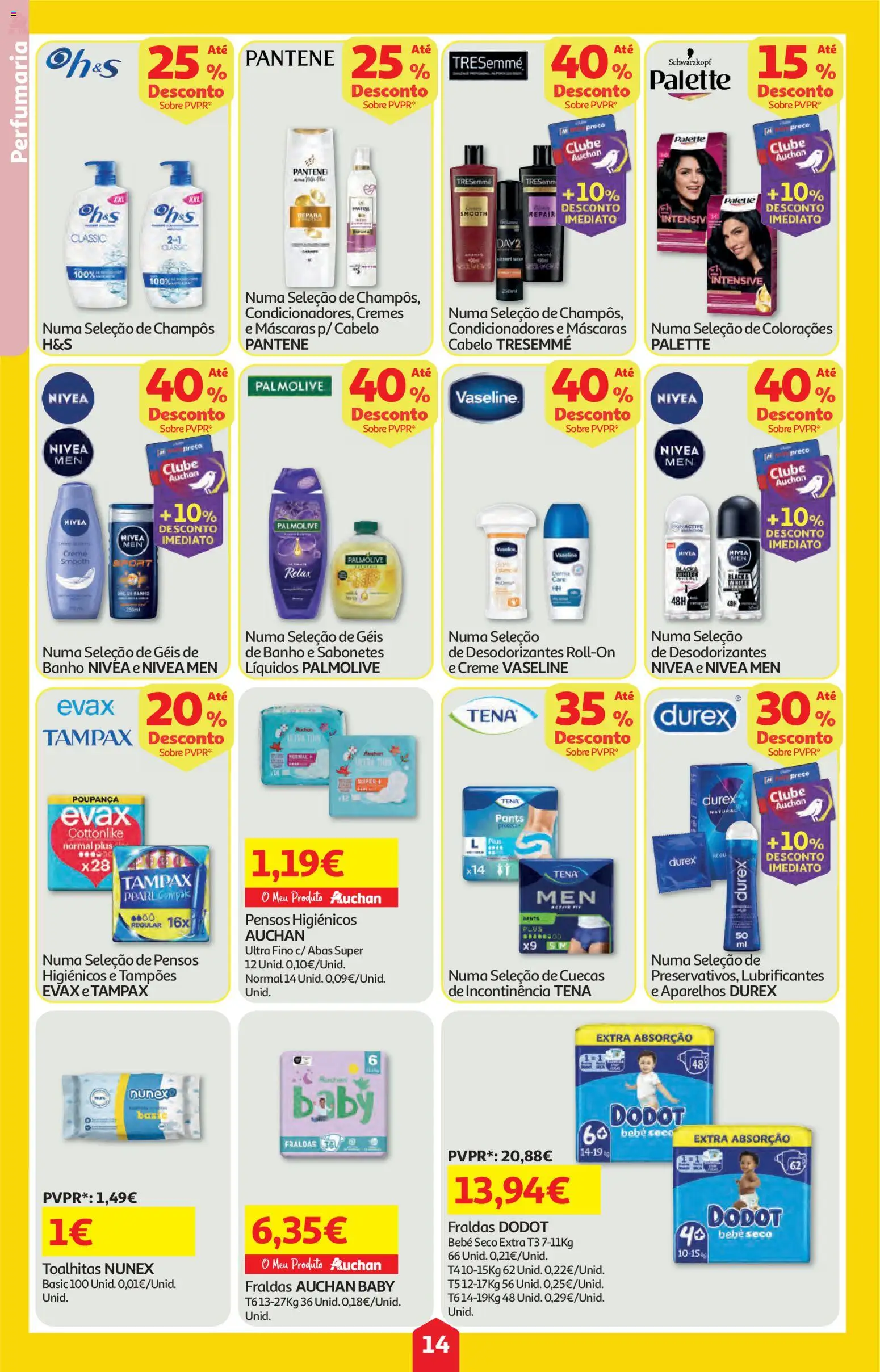 Auchan folheto │ válido de 05.03.2026 | Página: 14 | Produtos: Pensos higiénicos, Fraldas, Banho, Creme