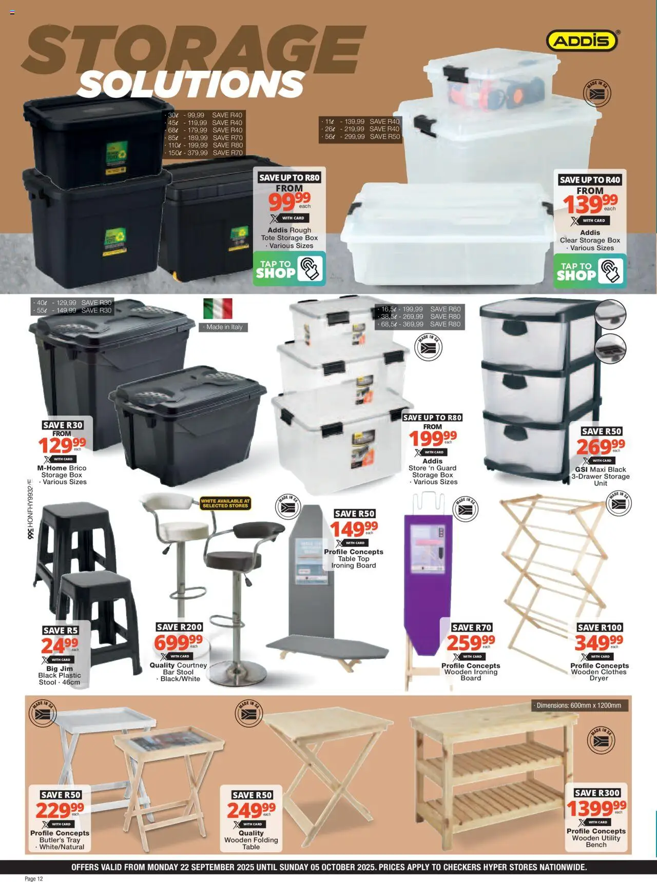 New Checkers catalogue – valid from 22.09.2025 | Page: 12 | Products: Ironing board, Box, Bar stool, Tap