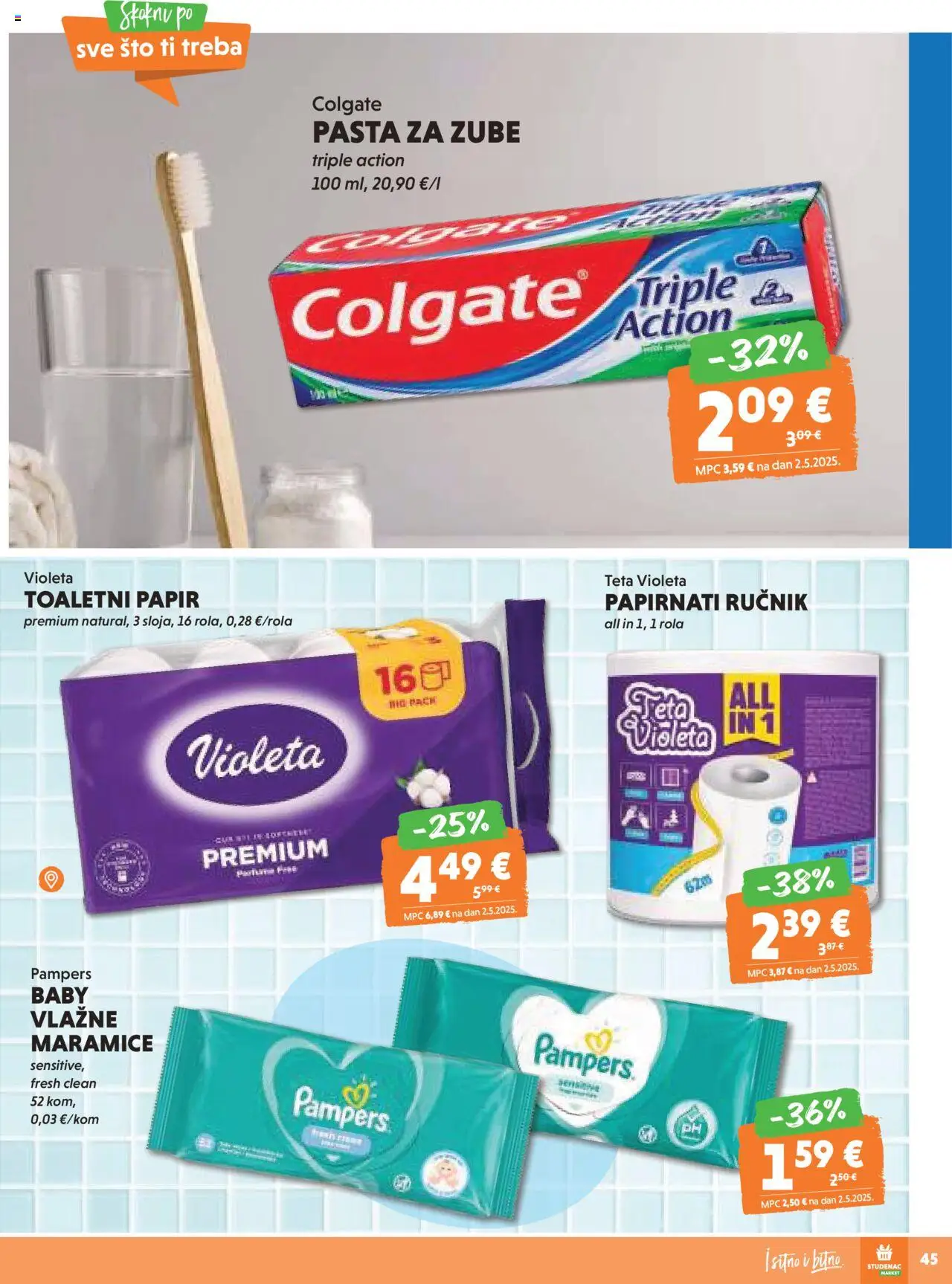 Studenac katalog | vrijedi od 10.09.2025 | Stranica: 45 | Proizvodi: Pasta za zube, Ručnik, Toaletni papir, Pampers