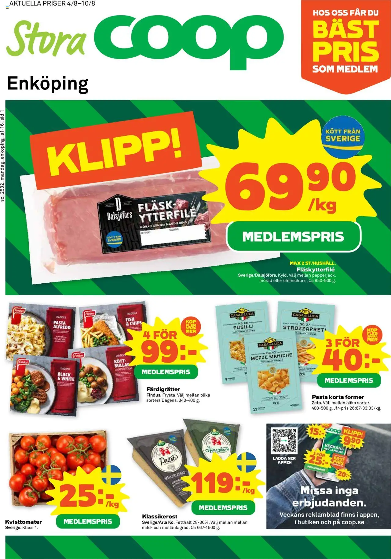 Stora Coop reklamblad aktuell från 04.08.2025 | Sida: 1 | Produkter: Fläskytterfilé, Chips, Fläsk, Pasta