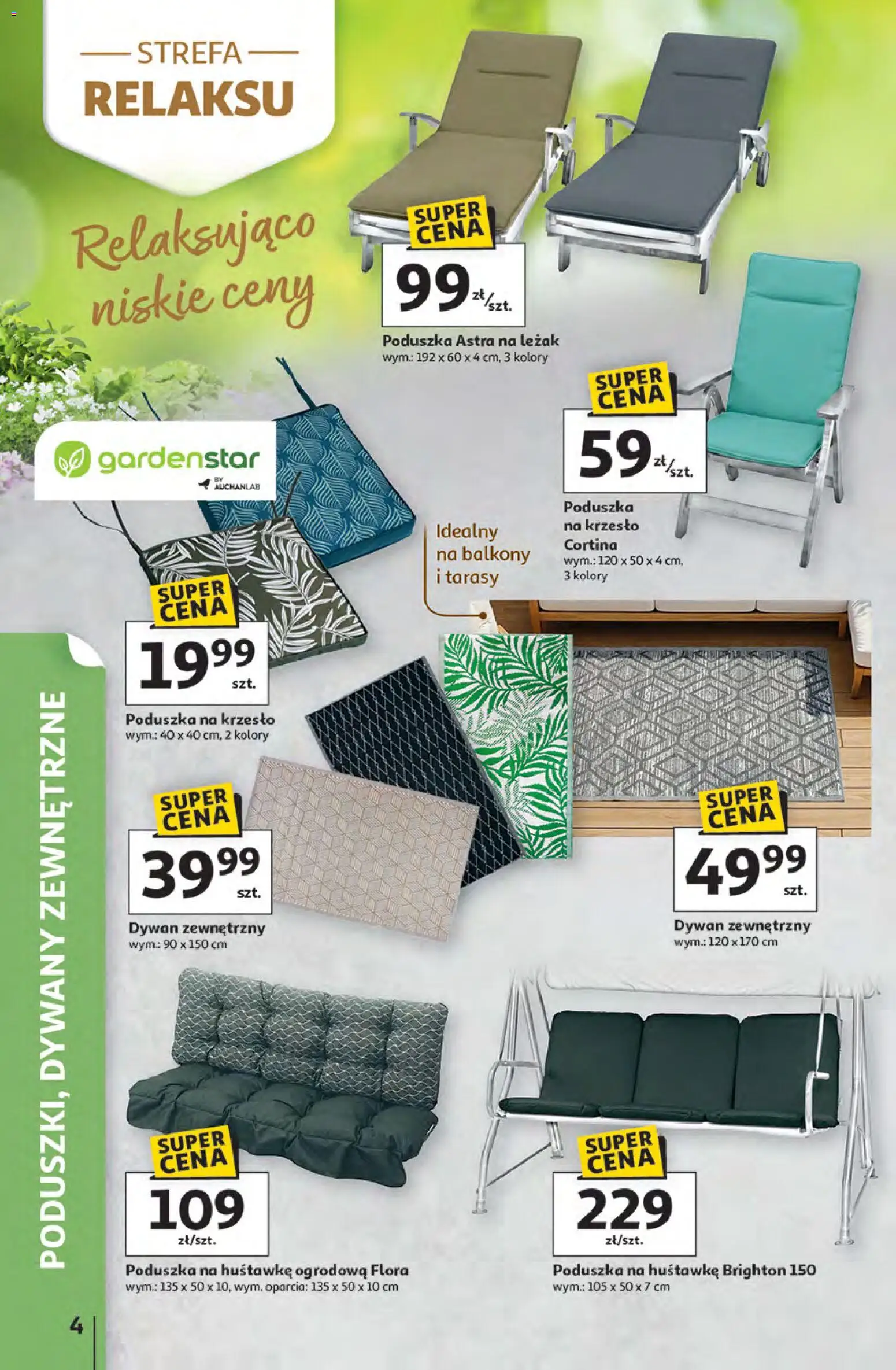 Auchan gazetka - Strefa Relaksu Hipermarket od 09.04.2026 | Strona: 4 | Produkty: Poduszka, Leżak, Dywan, Dywany