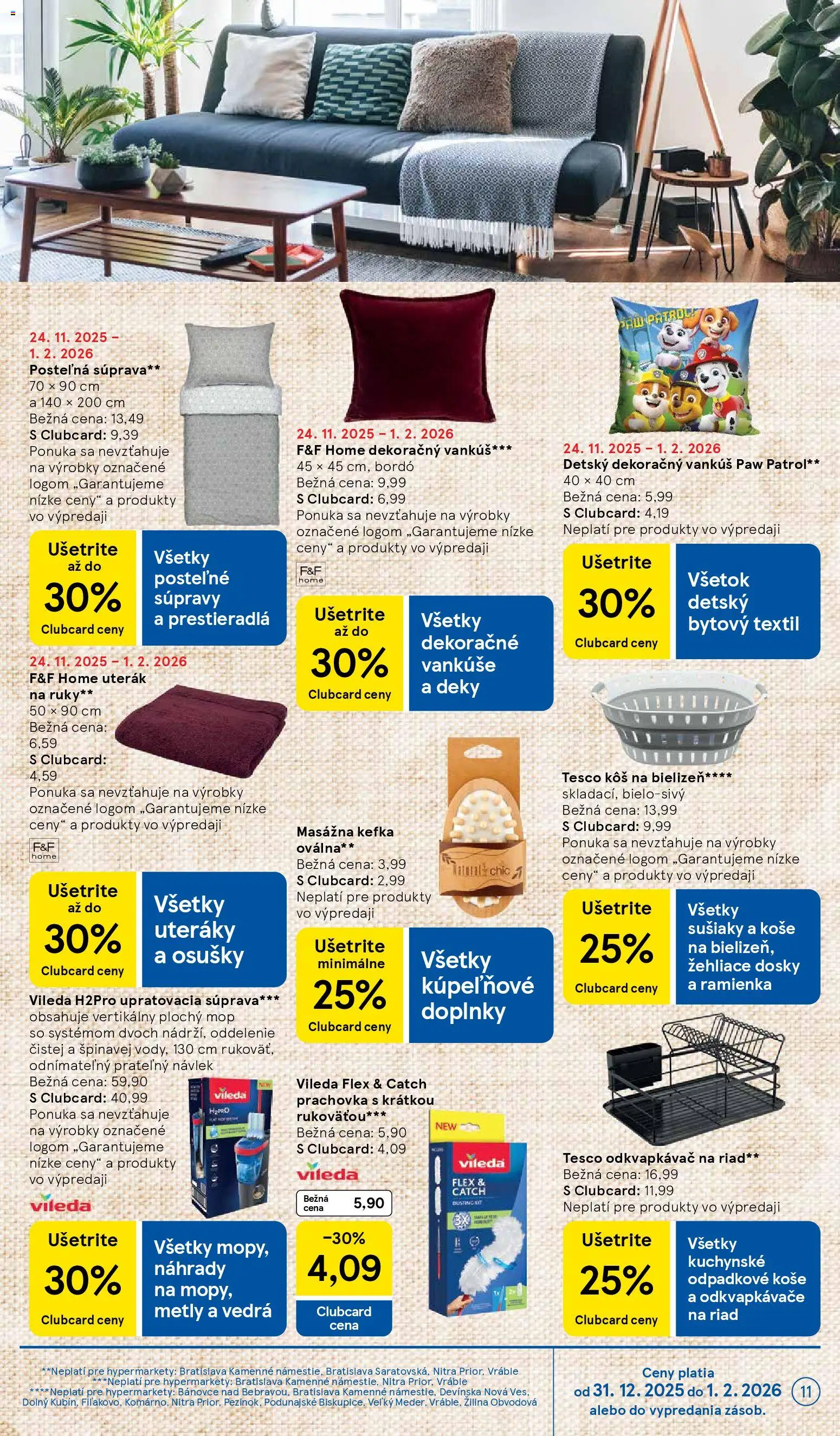 Nové Tesco akcie – leták je platný od 02.01.2026 | Strana: 11 | Produkty: Vankúš, Vankúše, Kôš na bielizeň, Mop